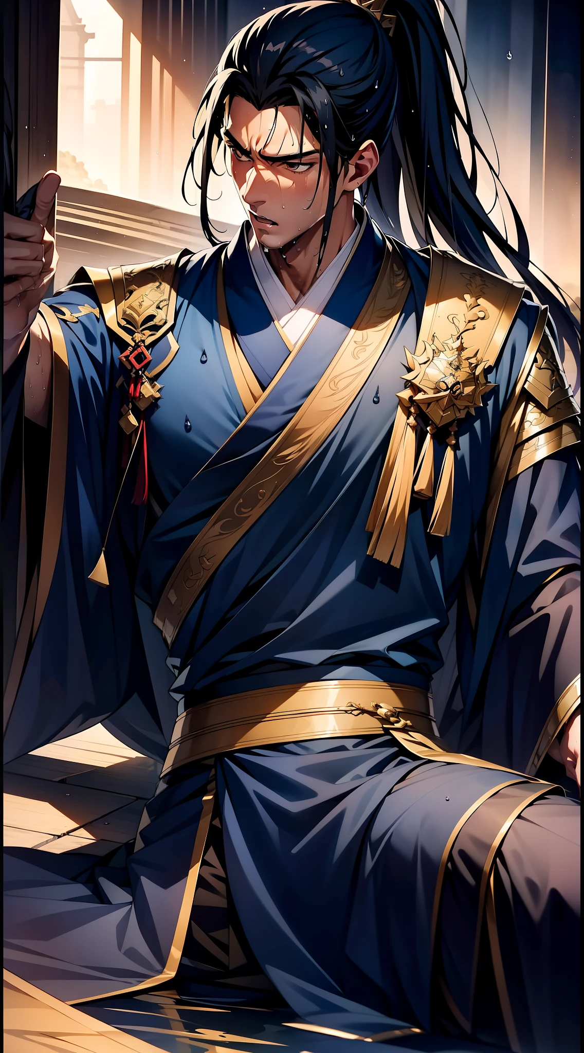 Two-dimensional, anime style, man (male warrior), muscle, correct proportions, face details, martial arts, high ponytail hairstyle, sweating, sweaty face, drooling, neck details, with Adam's apple, wet, wet, Hanfu costume, long robe, embroidered robe, dragon robe, clothing details, collar, long sleeves, game quality, swordsman demeanor, light and shadow tracing, ray tracing, detail glow, CG rendering, hair details, long black hair, golden eyes, sweaty face, handsome, handsome, sweat beads slipping down the neck, (juvenile feeling), complex clothing, wet, wet, perfect composition, refinement, high quality, more details, a lot of details, complex background, atmosphere,