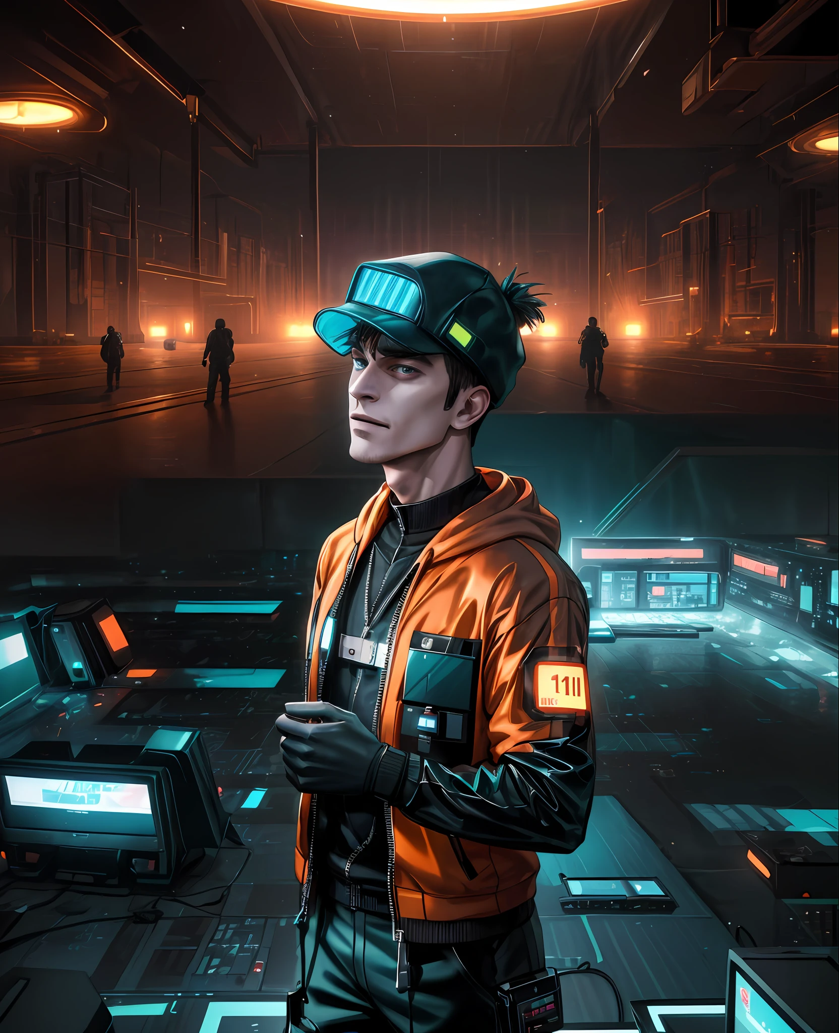 (Absurdres, Intricate Details, Masterpiece, Best Quality, High Resolution, 8k), 1 male, swedish, mature, aged up, handsome, finely detailed eyes and face, brown quiff hair, teal eyes, looking at viewer, solo, (full body:0.6), detailed background, detailed face, (CircuitBoardAI, electronic theme:1.1) evil high-tech futuristic hacker, smirk, advanced technology, hoodie, techwear, keycard, cables, (holographic display:1.05), error message, computer, password, server room in background, orange lights, cyber-warfare, dark sinister atmosphere, Depth of Field, VFX.