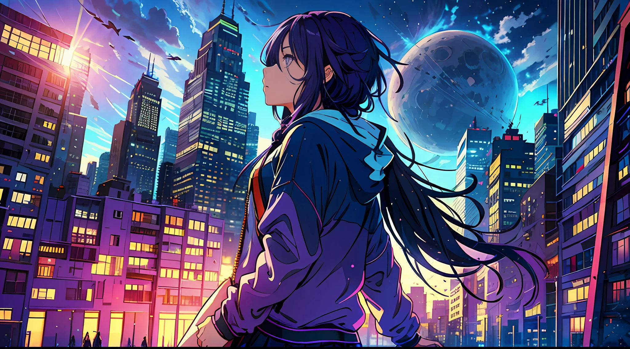 1girl, Long purple hair, Modern hoodie, Miniskirt, Converse shoes, Modern city, Skyscape roof edge, noon, sun, blue sky, clouds, (taken from behind)), low angle, volumetric lights, 8K, best quality, sharp, detail, moon and sun, crystal clear night sky