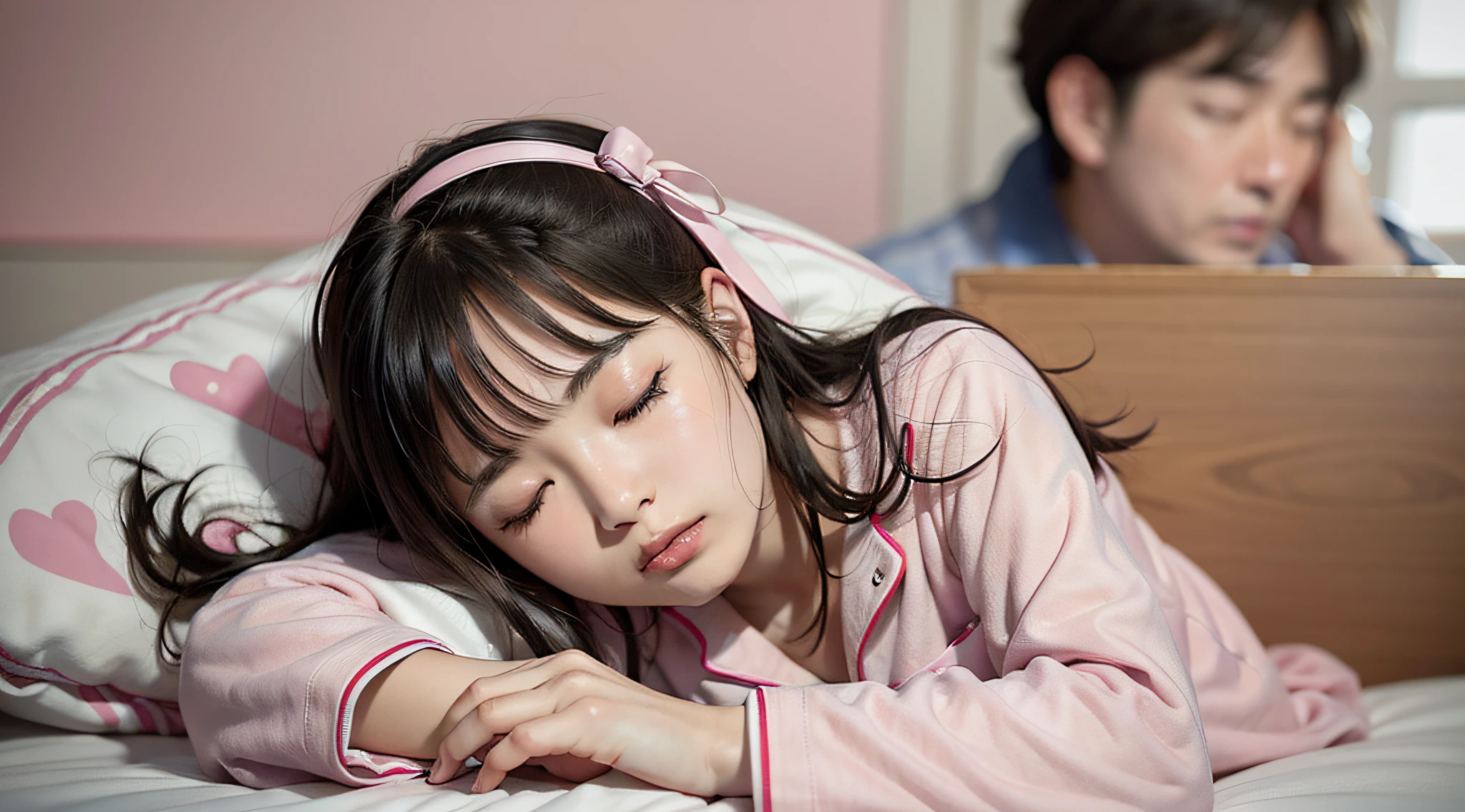Nap while listening to music, Japan high school girl, bed, live action, clear photo, pink pajamas, attacked by a middle-aged man,