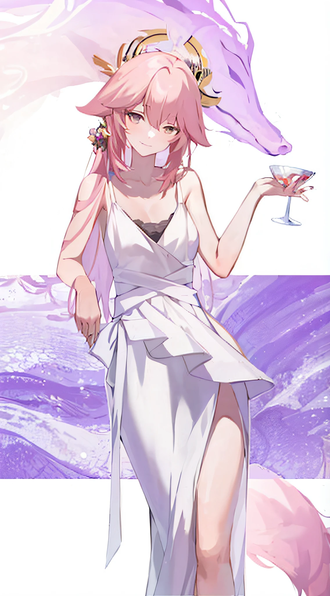 A close-up of a woman in a white dress holding a glass, drinking a drink, Genshin of Spring, Outstanding Makinami, Official Character Art, Full Body Portrait, Cute Anime Waio in Beautiful Clothes, Lori in a Dress,!! Full-body portraits !!, official artwork, highly detailed fine fan art