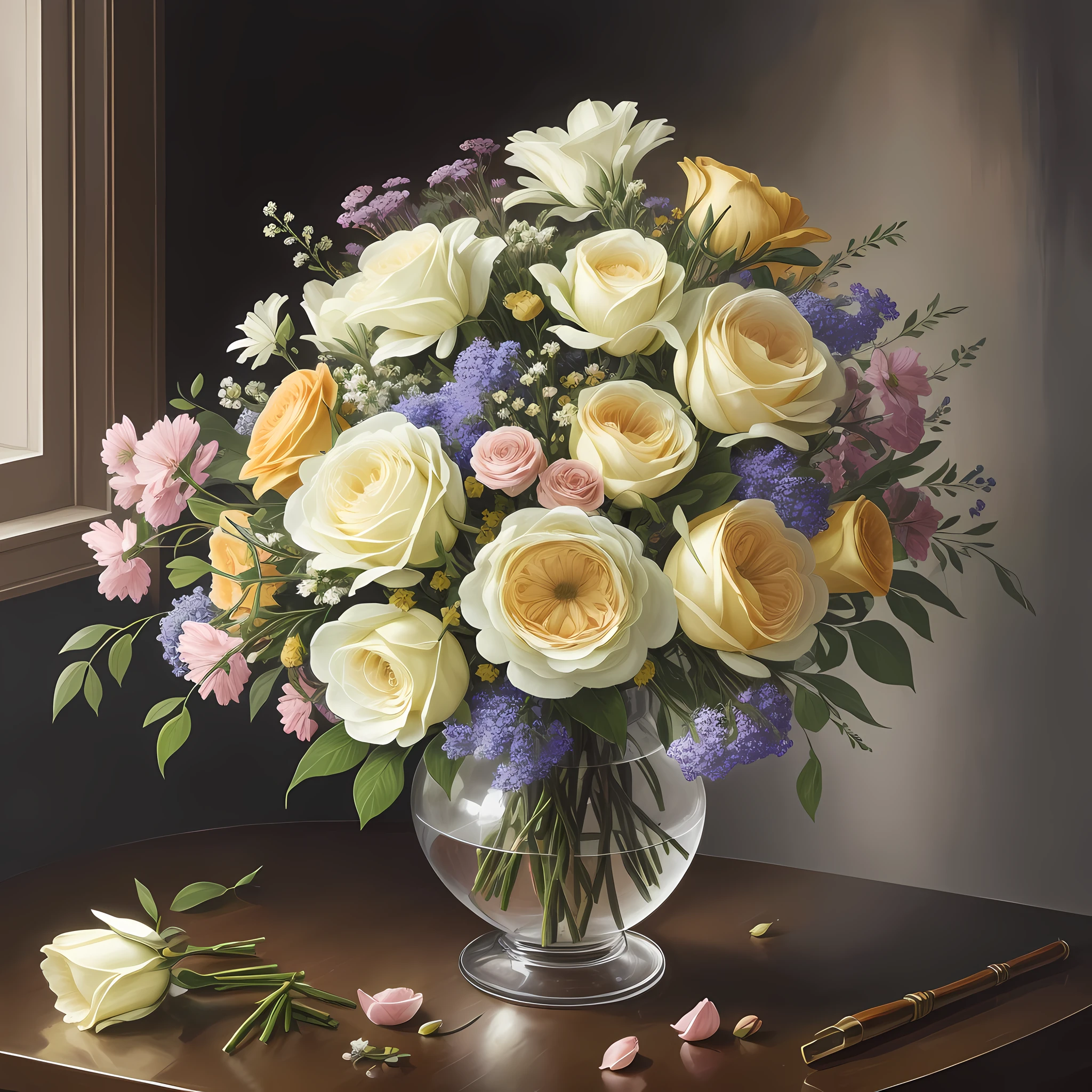 An ultra realistic still life painting of a bouquet of flowers in a vase, with individual petals and leaves visible in exquisite detail --auto --s2