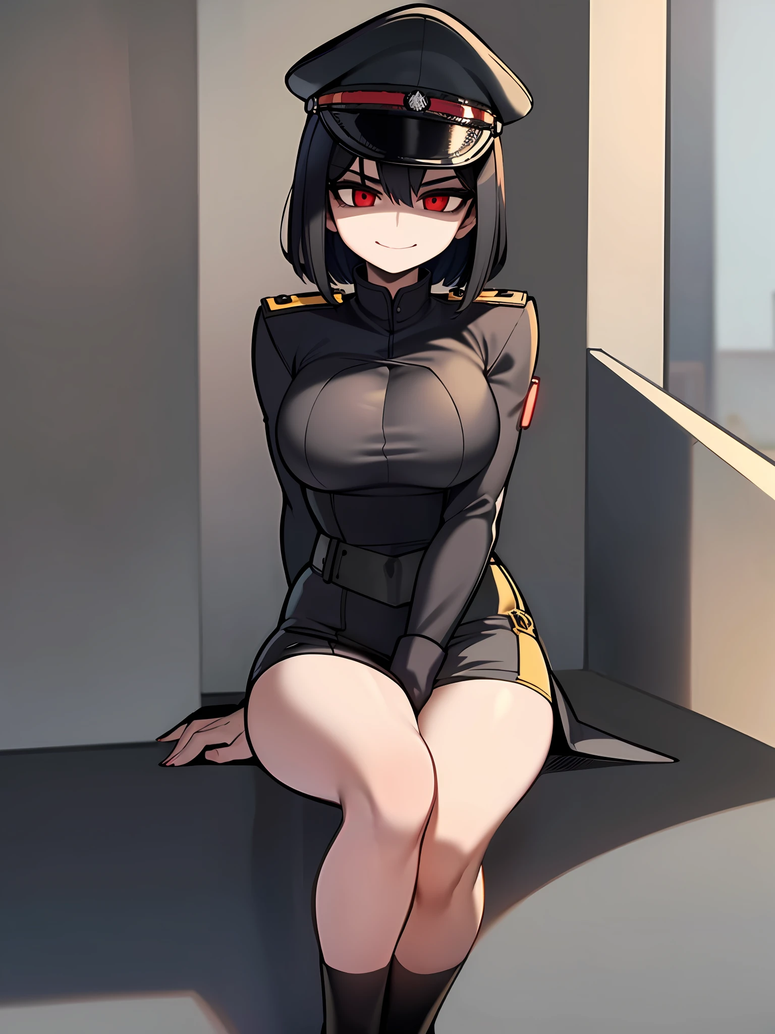 ((Masterpiece, top quality, super definition, ultra definition)), Solo, Full body, (25-year-old girl in black leather German official uniform), wearing an army leather hat, (((Clear expression of body unevenness)), looking at the camera, thin black fabric skukumizu, (sitting with her back to the wall and bent knees), female body, nipple shape stands out,  large breasts, red eyes, bob black hair, front zoom, vertical seat, yandere, blank stare, deep shadows, SFW, dark, detailed hands, tall woman, sadistic smile quite present, sharp focus, dynamic angle, deep shadows