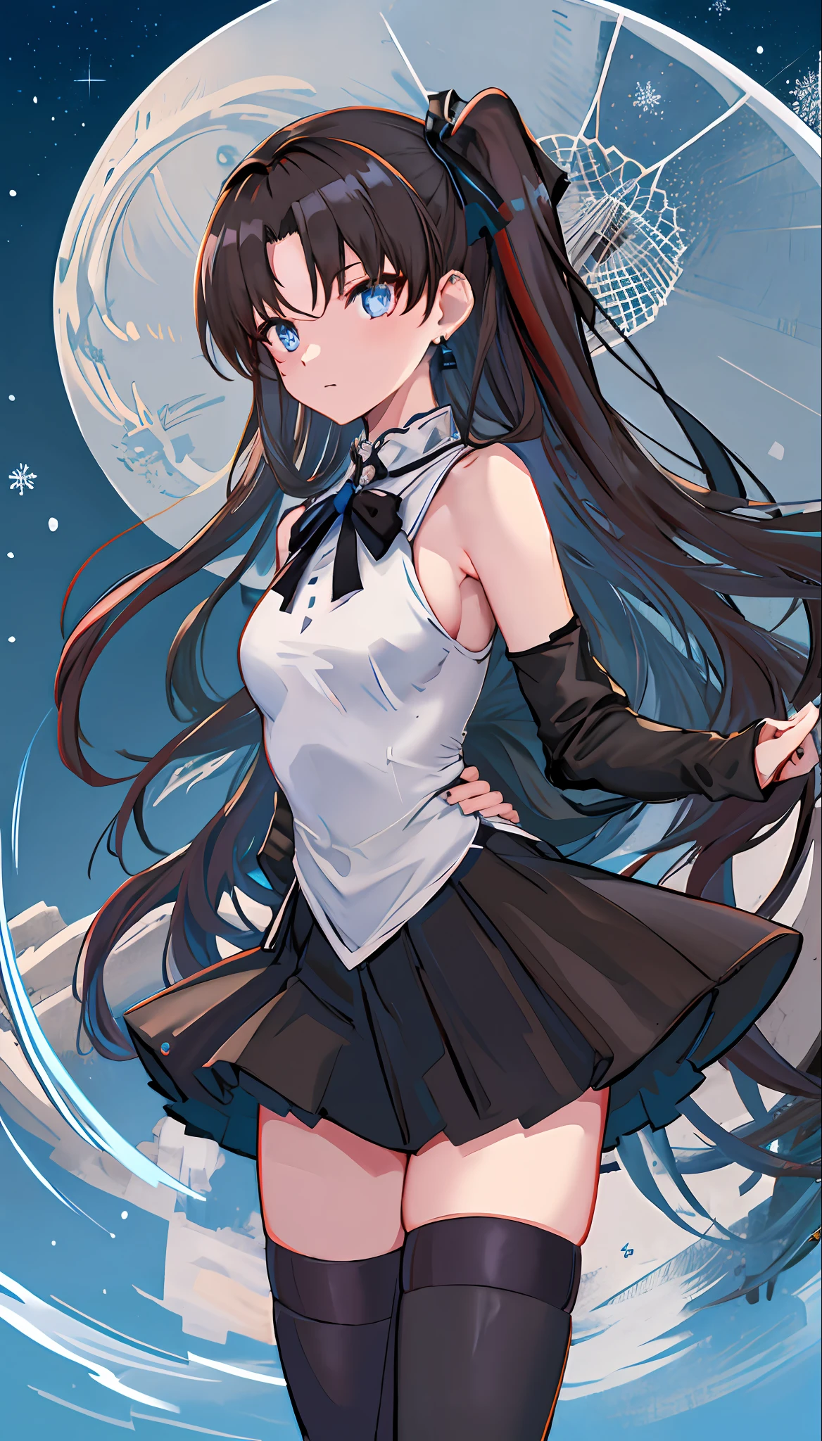 (Fate/stay night role, Tohsaka Rin: 1.6), messy hair, long hair, (expressive eyes, delicate eyes, glowing eyes), (many snowflakes around her: 1.2), switch,
\\
Masterpiece, Best Quality, Flat Color, Official Art, White Theme, (Ultra Detailed), (Illustration), Ink Painting, Blue Eyes, Cold Face, looking_at_viewer,1 Girl, Solo, [(Brunet: 1.2):(Brunet: 1.2): 0.5], Long Hair, Double Ponytail, Bare Shoulders, ((Cold Expression)), (Black ****ta Dress: 1.4), Cute Face, Black Stockings, blue_ inner_hair, Shawl, Thighs, Anklet, Femur Ring, Shut up, +_+, earrings, banded hair accessories, looking at the audience, piercing, smiling, (hands wrapped behind your back: 1.2)