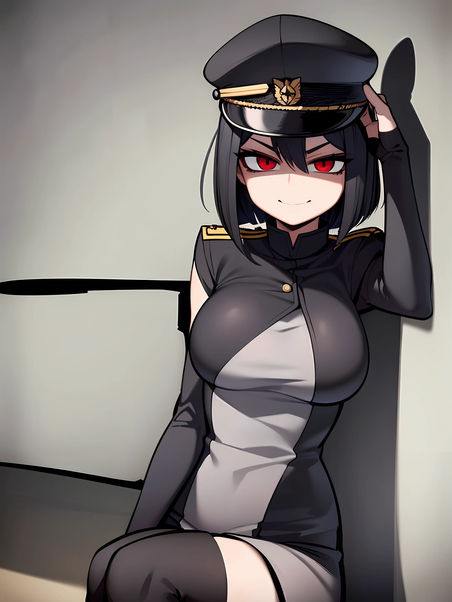 ((Masterpiece, top quality, super definition, ultra definition)), Solo, Full body, (25-year-old girl in black leather German official uniform), wearing an army leather hat, (((Clear expression of body unevenness)), looking at the camera, thin black fabric skukumizu, (sitting with her back to the wall and bent knees), female body, nipple shape stands out,  large breasts, red eyes, bob black hair, front zoom, vertical seat, yandere, blank stare, deep shadows, SFV, dark, detailed hands, tall woman, sadistic smile, sharp focus, dynamic angle, deep shadows