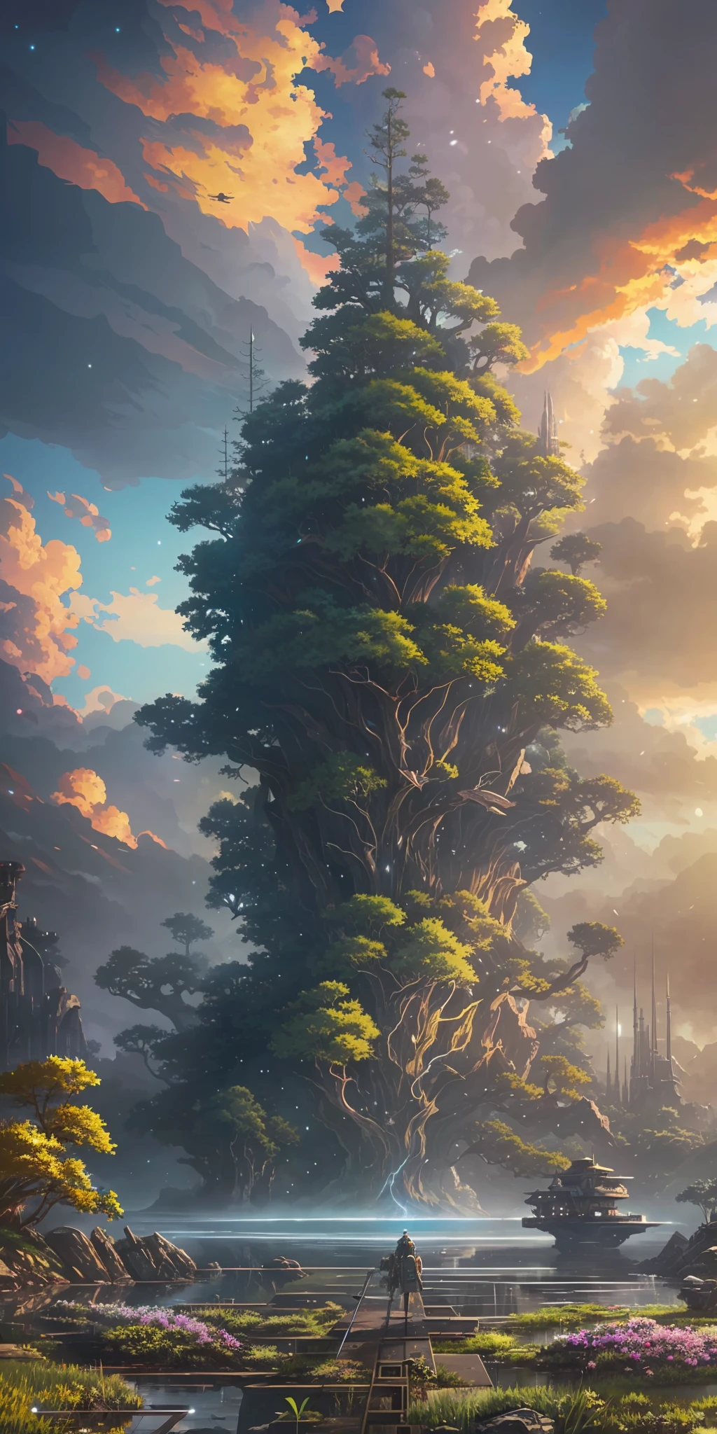 Illustration of a hyperrealistic , otherworldly, ultrasky scene featuring a giant crystal tree full body,very detailed and magical lighting, intricate forest details, vegetation and river around, solarpunk ,landscape, giant tree, beatifull leafy with beautiful lighting and realistic proportions, as if it were a cinematic background, 8k, highest quality, masterpiece, clouds and stars in the sky.Sky, Clouds, holding_weapon, no_humans, Glow, giant mechanical _ trees , city with tall trees _Architecture, “sky, cloud, glowing, big trees ,ghost in the shell, ghost machines, robot, cybernetic _trees, tree_mech, sci-fi, cityscape, realistic, mechanical” Science Fiction, Cities, Rendered in Octane, hyper realistic, 8k, epic composition, cinematic, octane render, artstation landscape vista photography by Carr Clifton & Galen Rowell, 16K resolution, Landscape veduta photo by Dustin Lefevre & tdraw, 8k resolution, detailed landscape painting by Ivan Shishkin, DeviantArt, Flickr, rendered in Enscape, Miyazaki, Nausicaa Ghibli, Breath of The Wild,,trending in artstation, cgsociety, 8k post-processing highly detailed,Junji Murakami, Mucha Klimt, Sharandula, Hiroshi Yoshida, Tom Bagshaw, Ross Tran, Artgerm,Craig Mullins,dramatic,Junji Murakami, moody lighting rendered by octane engine,characters 8K symmetrical arstation, cape,cinematic lighting, intricate details, 8k detail post processing, hyperealistic, octane rend, Zdzisław Beksiński style, ar 2:3 Reality Reality –auto –v6 –s2 --auto --s2