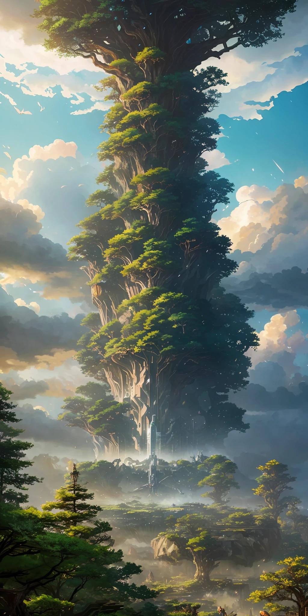 Illustration of a hyperrealistic , otherworldly, ultrasky scene featuring a giant crystal tree full body,very detailed and magical lighting, intricate forest details, vegetation and river around, solarpunk ,landscape, giant tree, beatifull leafy with beautiful lighting and realistic proportions, as if it were a cinematic background, 8k, highest quality, masterpiece, clouds and stars in the sky.Sky, Clouds, holding_weapon, no_humans, Glow, giant mechanical _ trees , city with tall trees _Architecture, “sky, cloud, glowing, big trees ,ghost in the shell, ghost machines, robot, cybernetic _trees, tree_mech, sci-fi, cityscape, realistic, mechanical” Science Fiction, Cities, Rendered in Octane, hyper realistic, 8k, epic composition, cinematic, octane render, artstation landscape vista photography by Carr Clifton & Galen Rowell, 16K resolution, Landscape veduta photo by Dustin Lefevre & tdraw, 8k resolution, detailed landscape painting by Ivan Shishkin, DeviantArt, Flickr, rendered in Enscape, Miyazaki, Nausicaa Ghibli, Breath of The Wild,,trending in artstation, cgsociety, 8k post-processing highly detailed,Junji Murakami, Mucha Klimt, Sharandula, Hiroshi Yoshida, Tom Bagshaw, Ross Tran, Artgerm,Craig Mullins,dramatic,Junji Murakami, moody lighting rendered by octane engine,characters 8K symmetrical arstation, cape,cinematic lighting, intricate details, 8k detail post processing, hyperealistic, octane rend, Zdzisław Beksiński style, ar 2:3 Reality Reality –auto –v6 –s2 --auto --s2