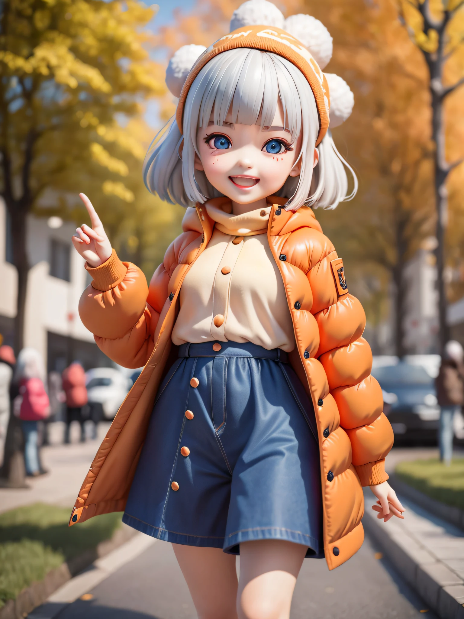 (Daisaku), (Extreme), (Ultra Detailed), (Prime: 1.9), 1girl, Sunshine, Cute, Orange, (Big Head: 1.8), Doll, Smile, Open Mouth, Urban, Fashion, Coat, Blush, Tree, Shirt, Short Hair, Orange, White Headdress, Blurry, Long Sleeves, Bangs, White Hair, (Beautiful and Delicate Face), (Beautiful and Delicate Eyes),