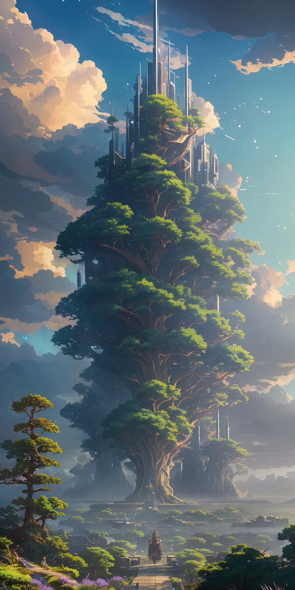Illustration of a hyperrealistic , otherworldly, ultrasky scene featuring a giant crystal tree full body,very detailed and magical lighting, intricate forest details, vegetation and river around, solarpunk ,landscape, giant tree, beatifull leafy with beautiful lighting and realistic proportions, as if it were a cinematic background, 8k, highest quality, masterpiece, clouds and stars in the sky.Sky, Clouds, holding_weapon, no_humans, Glow, giant mechanical _ trees , city with tall trees _Architecture, “sky, cloud, glowing, big trees ,ghost in the shell, ghost machines, robot, cybernetic _trees, tree_mech, sci-fi, cityscape, realistic, mechanical” Science Fiction, Cities, Rendered in Octane, hyper realistic, 8k, epic composition, cinematic, octane render, artstation landscape vista photography by Carr Clifton & Galen Rowell, 16K resolution, Landscape veduta photo by Dustin Lefevre & tdraw, 8k resolution, detailed landscape painting by Ivan Shishkin, DeviantArt, Flickr, rendered in Enscape, Miyazaki, Nausicaa Ghibli, Breath of The Wild,,trending in artstation, cgsociety, 8k post-processing highly detailed,Junji Murakami, Mucha Klimt, Sharandula, Hiroshi Yoshida, Tom Bagshaw, Ross Tran, Artgerm,Craig Mullins,dramatic,Junji Murakami, moody lighting rendered by octane engine,characters 8K symmetrical arstation, cape,cinematic lighting, intricate details, 8k detail post processing, hyperealistic, octane rend, Zdzisław Beksiński style, ar 2:3 Reality Reality –auto –v6 –s2 --auto --s2