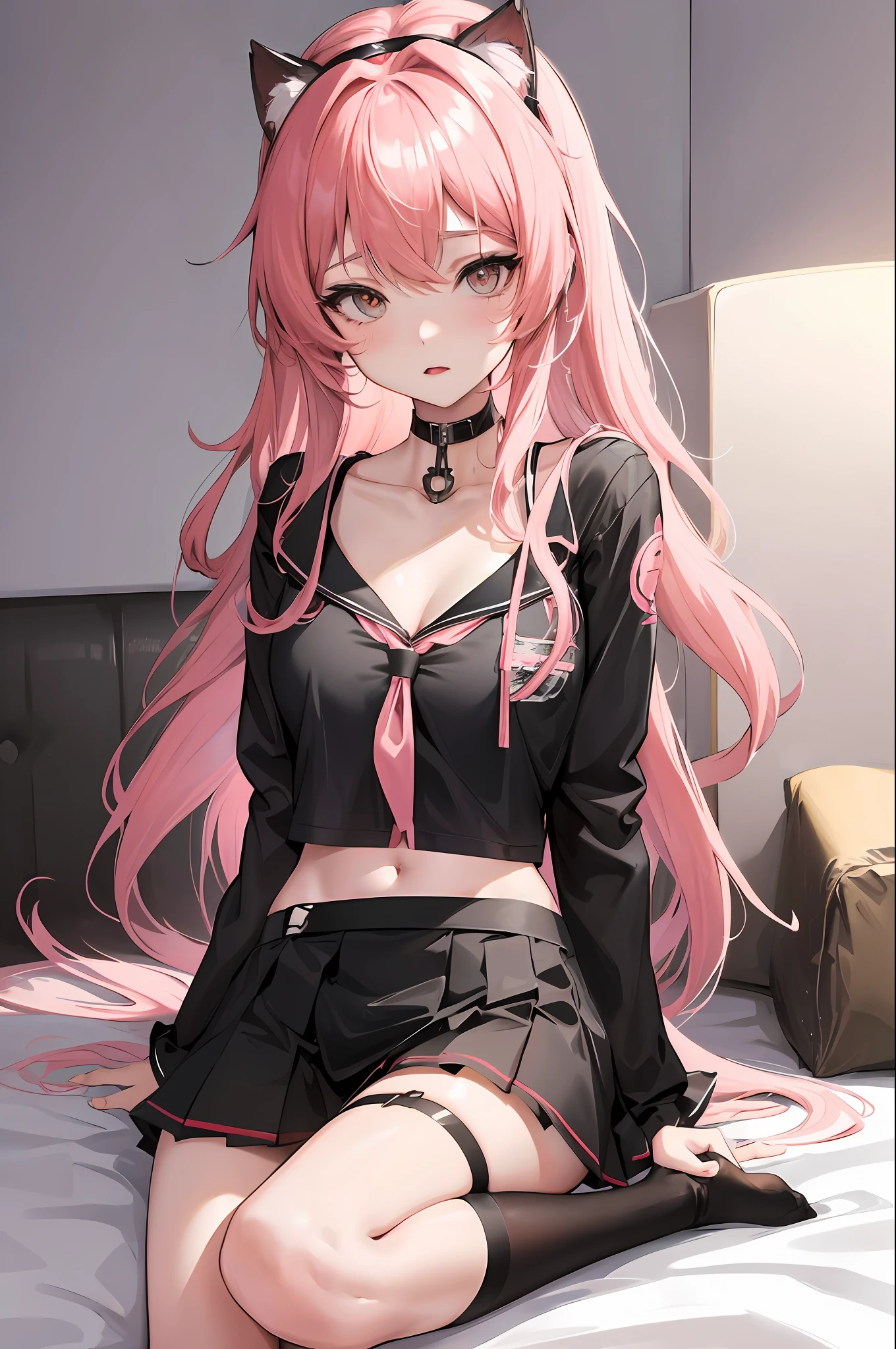 Anime girl sitting on the edge of bed, short pink hair, cat ears on her head, wearing a t-shirt, short black skirt, white stockings, from Girl Front, Girl Front style, exquisite details. Girl Front, Trend in CGSTATION, Kantai Collection Style, Gutiz Style Artwork, Gooditz, Trend in CGSTATION, Surreal Schoolgirl, Azure Lane Style, Girl Frontline CG, Seductive Anime Girl