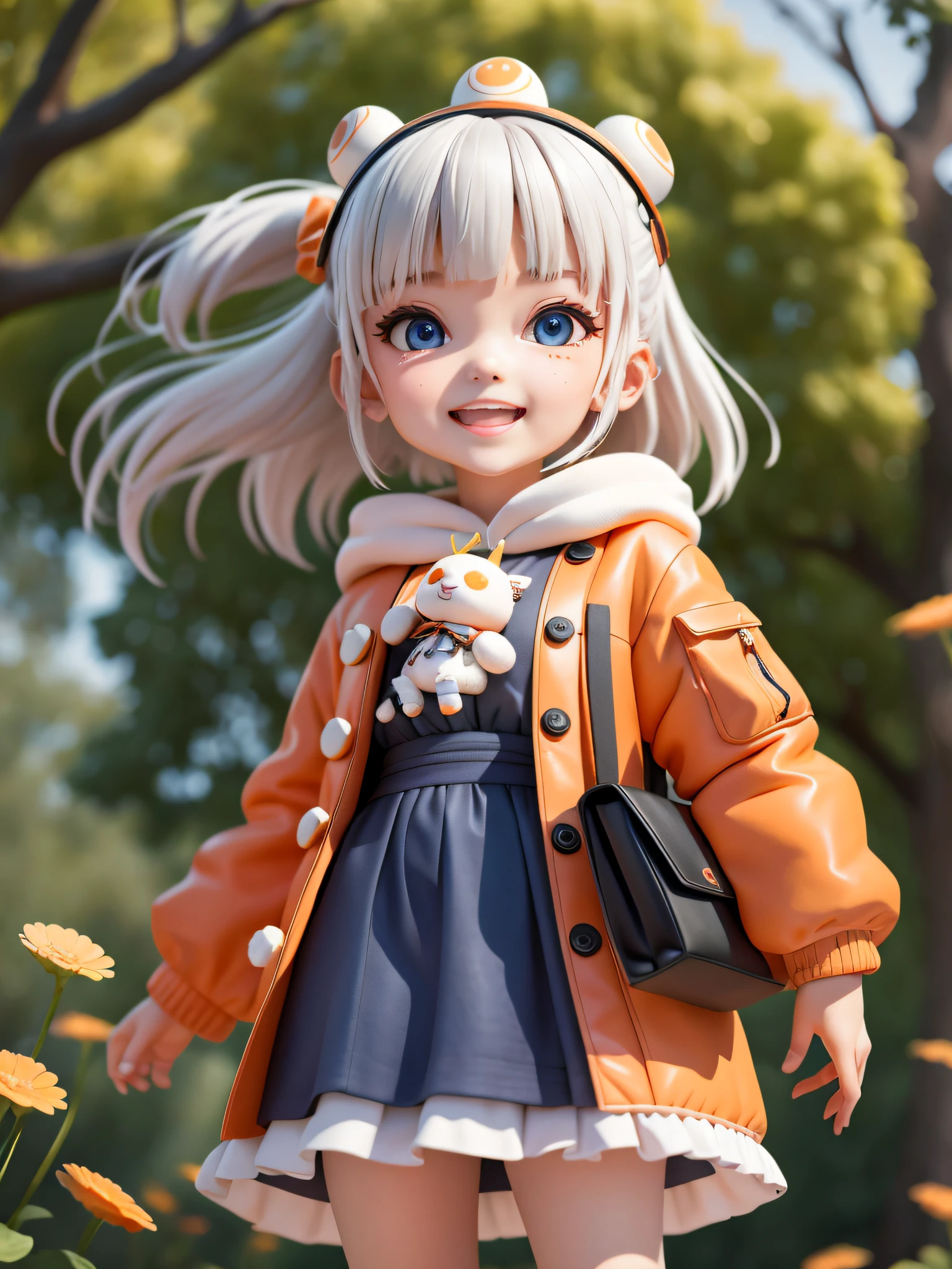 (Daisaku), (Extreme), (Ultra Detailed), (Prime: 1.9), 1girl, Sunshine, Cute, Orange, (Big Head: 1.8), Doll, Smile, Open Mouth, Urban, Fashion, Coat, Blush, Tree, Shirt, Short Hair, Orange, White Headdress, Blurry, Long Sleeves, Bangs, White Hair, (Beautiful and Delicate Face), (Beautiful and Delicate Eyes),