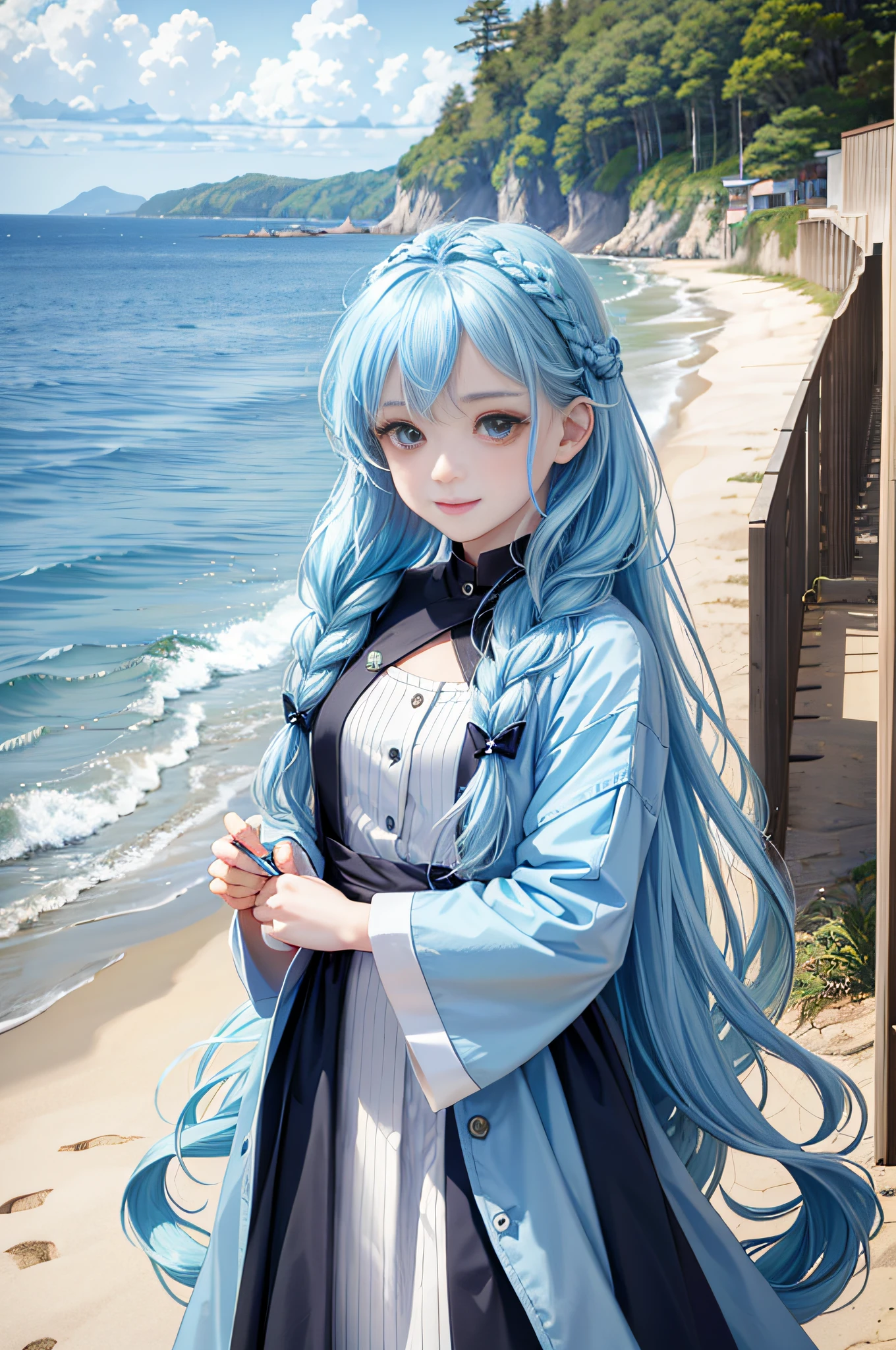 (Facial Focus), (1 Girl, Female, Woman, Solo, Pale Skin, Casual Fashion, Kawaii), (Long Hair, Single Braided Hair, Light Blue Hair, Cute Face, Light Smile), (By the Sea), Milky Way