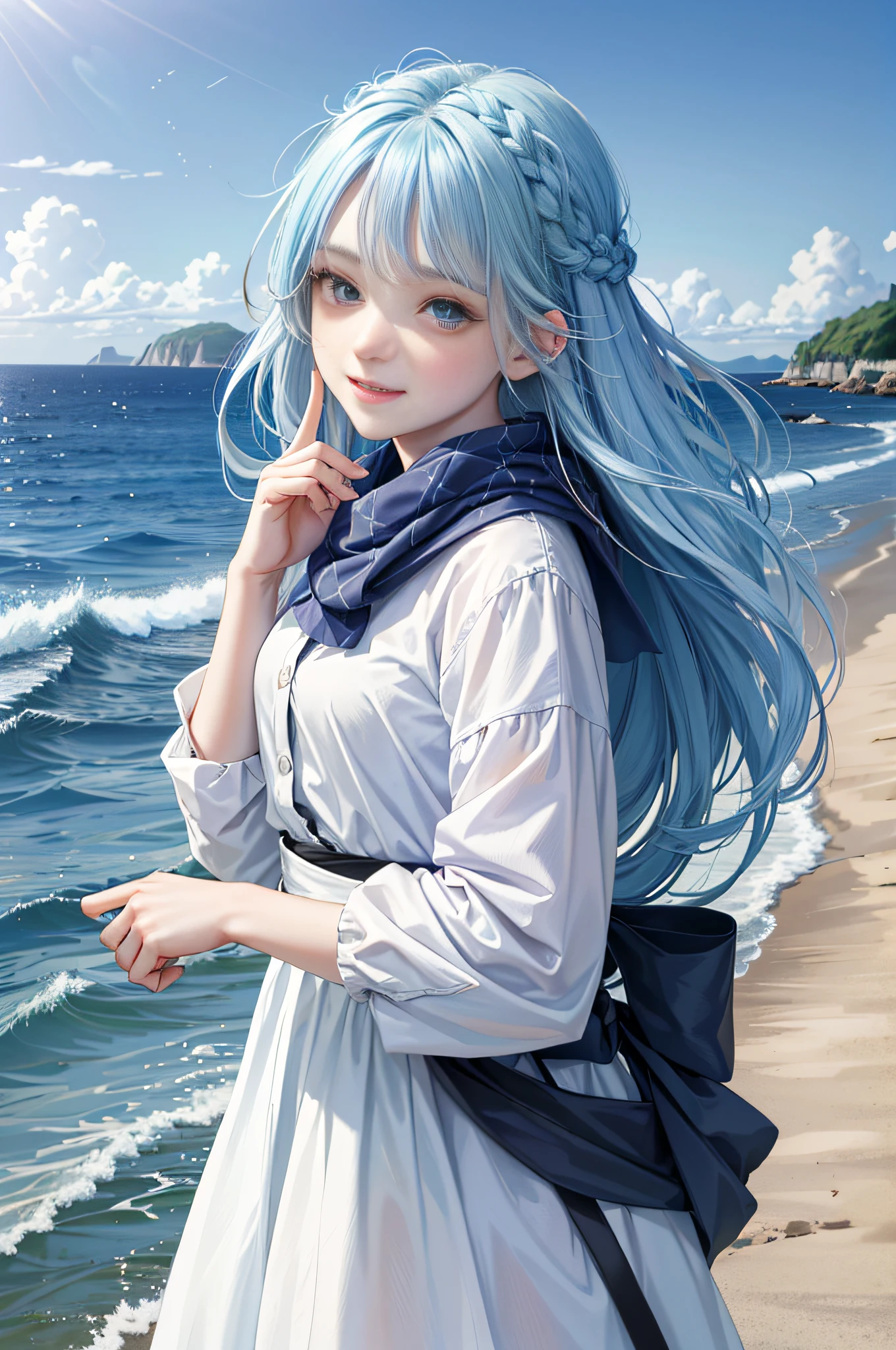 (Facial Focus), (1 Girl, Female, Woman, Solo, Pale Skin, Casual Fashion, Kawaii), (Long Hair, Single Braided Hair, Light Blue Hair, Cute Face, Light Smile), (By the Sea), Milky Way