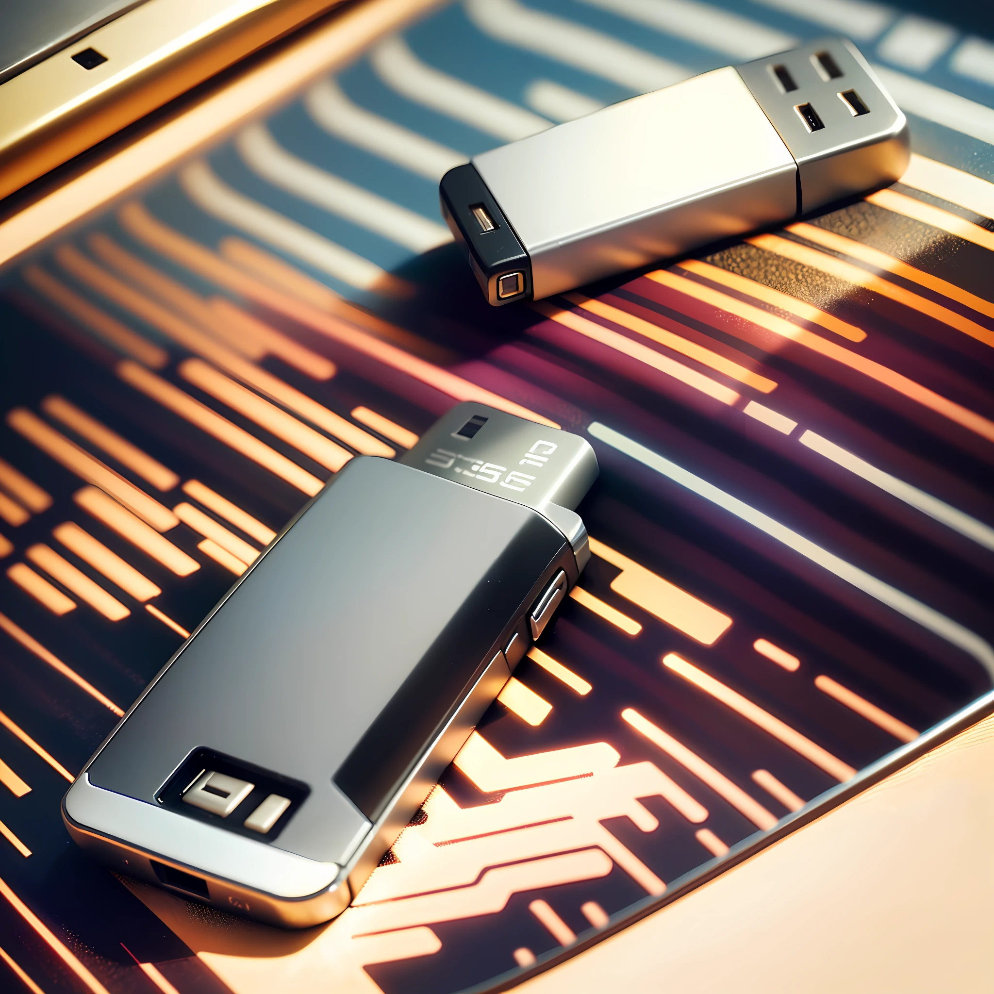 A USB flash drive on the table, give a close-up of the USB drive, with a little small decoration commonly used on the table around it, the overall bright style