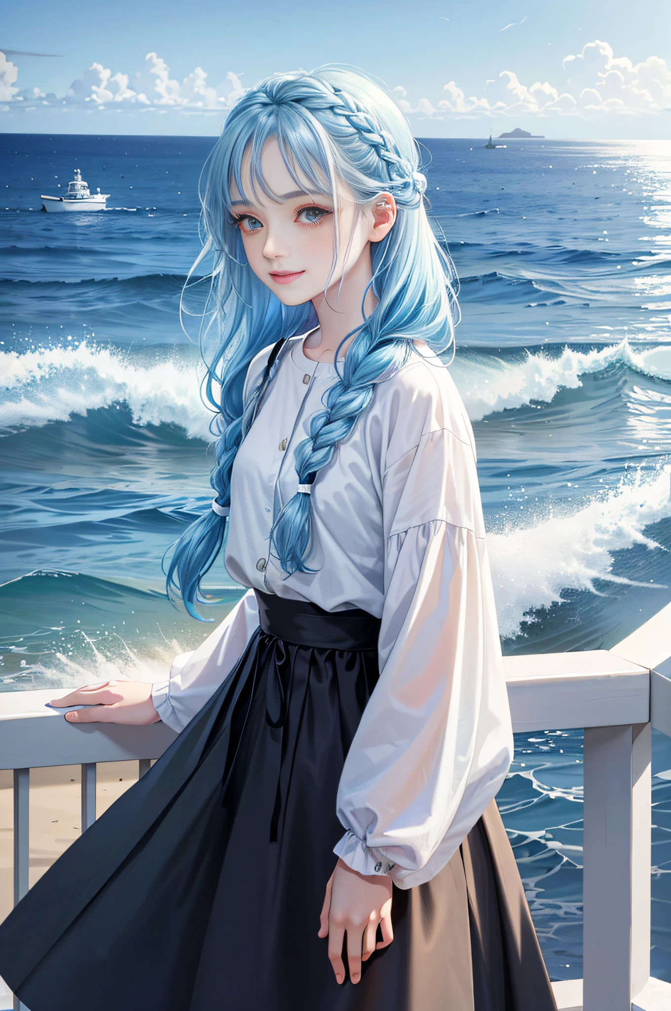 (Facial Focus), (1 Girl, Female, Woman, Solo, Pale Skin, Casual Fashion, Kawaii), (Long Hair, Single Braided Hair, Light Blue Hair, Cute Face, Light Smile), (By the Sea), Milky Way