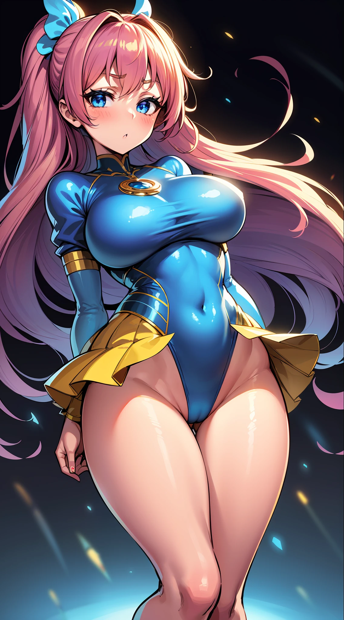 (HD, Sharp, Fractal), Single Woman, Super Glossy Skin, Magical Girl, 25 years old, Leotard, Mini Skirt,Big, Blue and Golden Costume