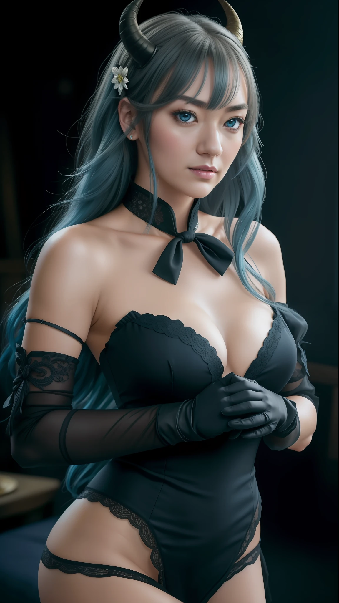 yvonne strahovski, (photorealistic:1.4), (masterpiece, sidelighting, finely detailed beautiful eyes: 1.2), masterpiece*portrait, realistic, 3d face, ganyu \(genshin impact\), 1girl, ahoge, architecture, bangs, bare shoulders, bell, black gloves, black pantyhose, (blue hair), blush, breasts, chinese knot, detached sleeves, flower knot, gloves, horns, long hair, looking at viewer, medium breasts, neck bell