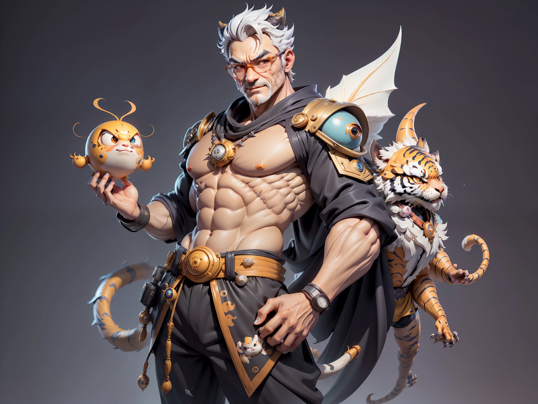(Masterpiece), (Excellent), (Super Meticulous), (Full Body: 1.2), Super Young Man with Japanese Female Geisha, Pretty, Beautiful, Chinese Dragon, Tiger, Wind God Thor, Sexy, Bursting, Oriental Face, TV Anchor, Bust Portrait Illustration, Black Suit, Blue Tie, Slightly Chubby Face, Silver Glasses, Very Clean Face, No Beard on Chin, Black Super Short Hair, Black Eyes, Confident Smile, 3c Computer Sub-Products, iPad, iPhone, Digital Painting, 3D character design by Mark Clairedon and Pixar and Hayao Miyazaki and Akira Toriyama, the illustrations are HD illustrations in 4K resolution with highly detailed facial features and cartoon-style visuals.