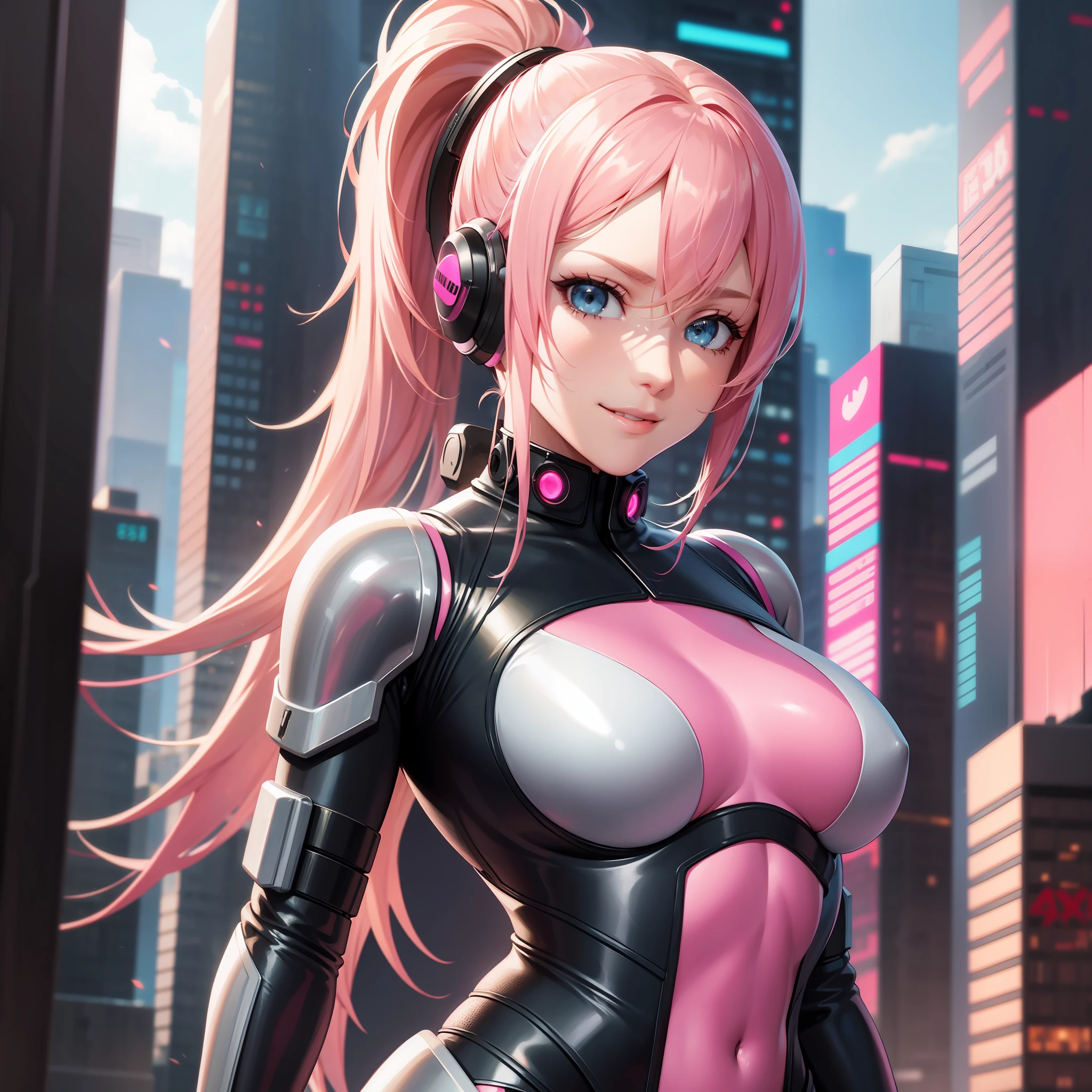 Cyberpunk Girl Ponytail Futuristic World Best Quality Smile Masterpiece Beautiful Girl Bodysuit Blonde Pink Hair