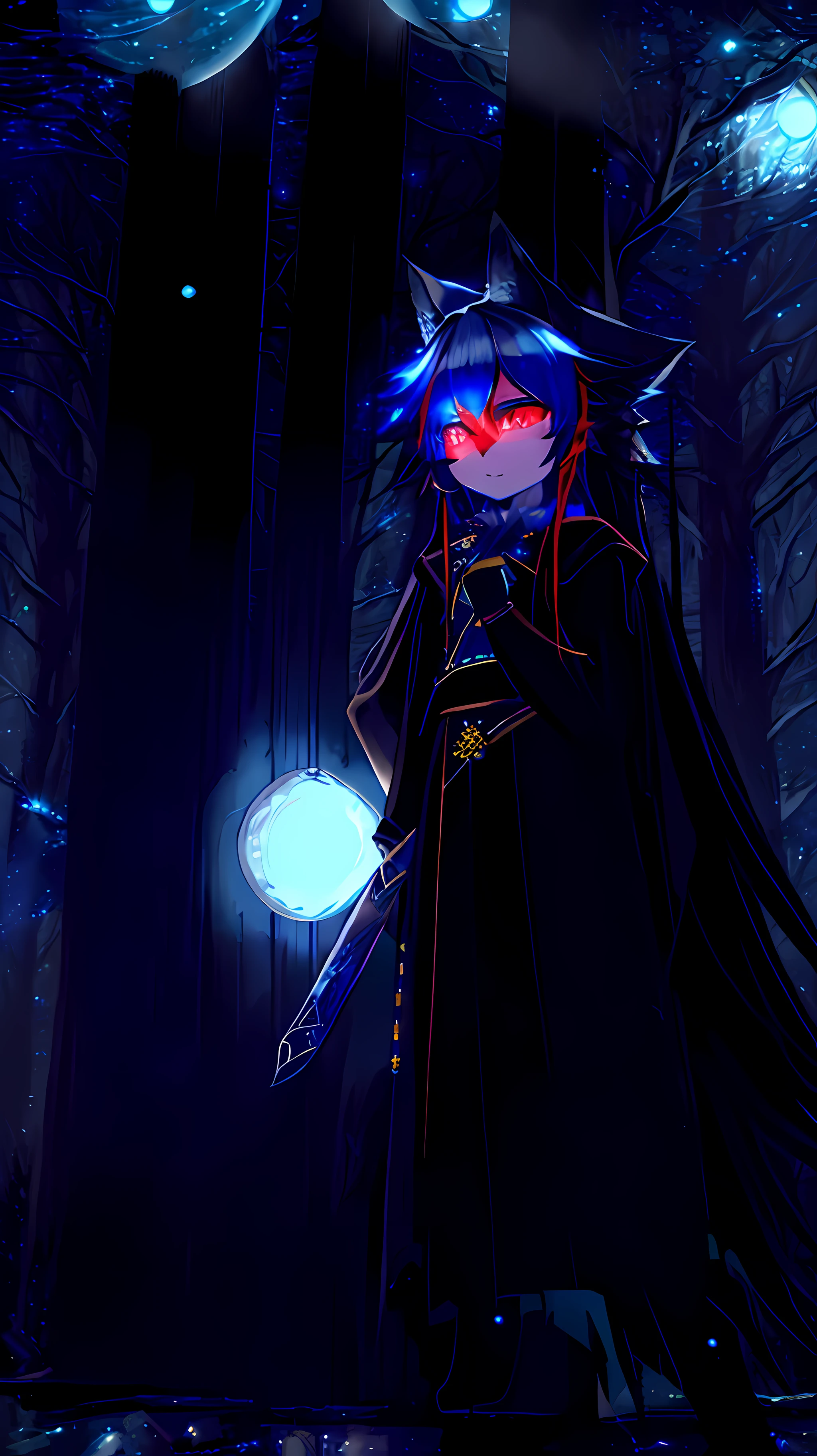 Black wolf, forest, dark fantasy, ((glowing light, blue moon:1.55)), master piece, body fur, HD, wolf, loli, 1girl, red eyes, long hair, neon hair, assassin, blood in face, full body, sword, killer
