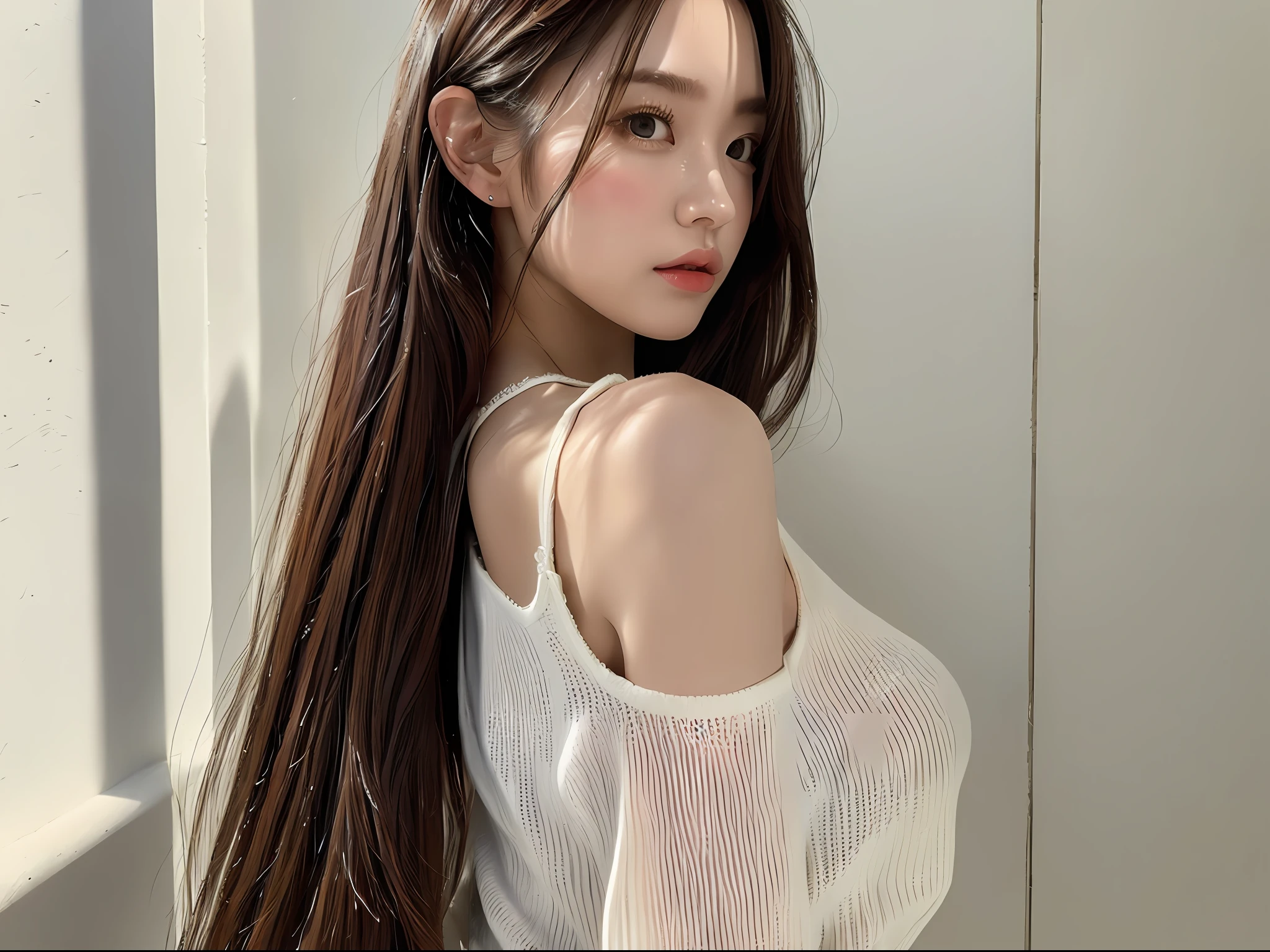 (8k, highest quality, masterpiece: 1.2), (hair_style), (realistic, photorealistic: 1.37), plump eyes, highest quality, masterpiece, standing in front of a white wall, [small breasts], professional lighting, shooting the whole body of the subject from a distance, angle from behind, shot in natural light from morning to noon, fashion style of Japan trend in 2023, real, Super detail, 30s, actress, elaborate CG, slender, hairstyle is straight straight hair, delicate skin type, emphasizes hair luster,