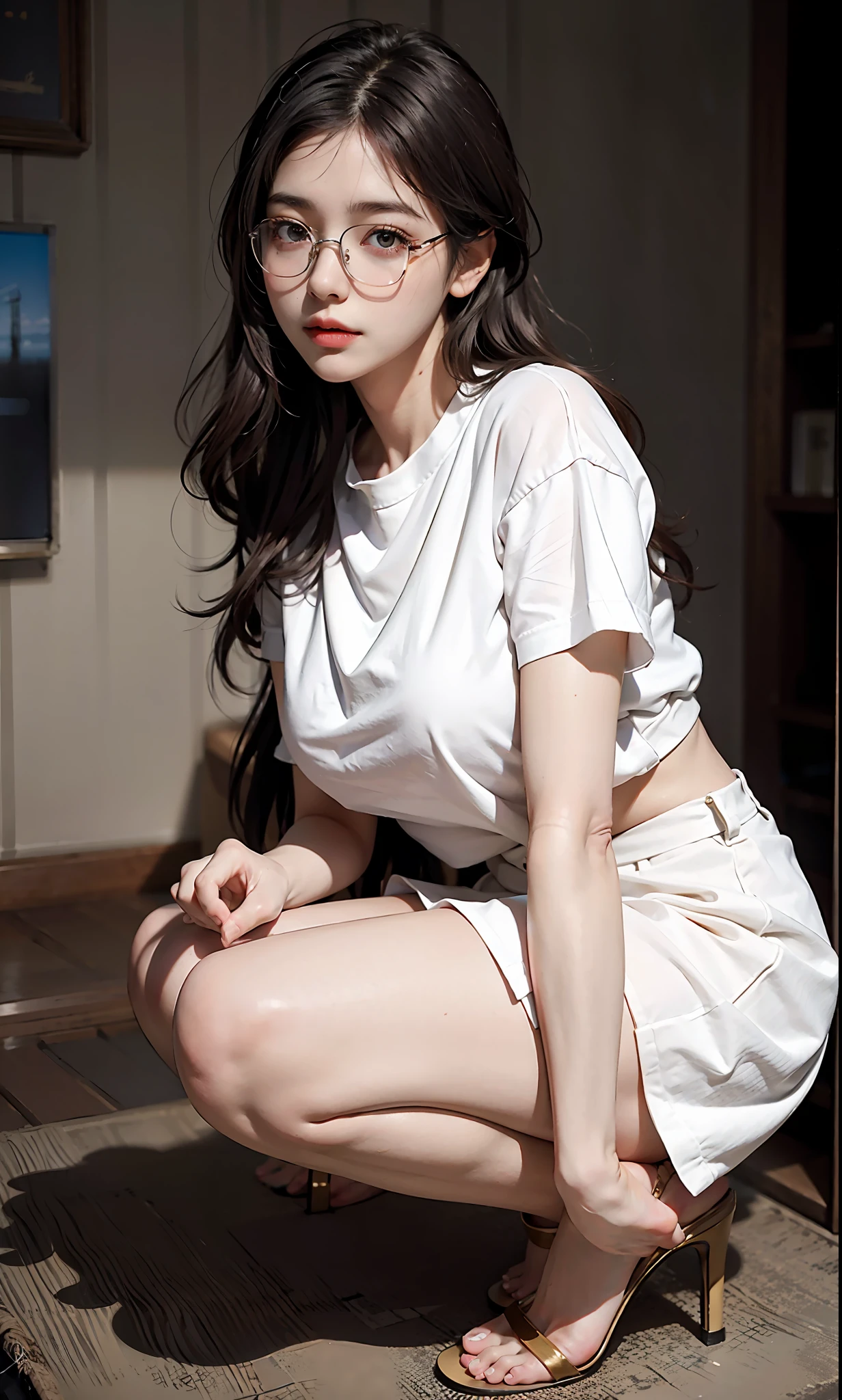 ulzzang-6500-v1.1, (raw photo:1.2), (photorealistic:1.4), girl in white short sleeves and short skirt posing for photo, full body, very detailed eyes and face, beautiful detailed eyes, absurd, incredibly ridiculous, huge file size, super detailed, high resolution, very detailed, best quality, masterpiece, illustration, very detailed, CG, unified, 8k wallpaper, amazing, fine details, masterpiece, Best quality, very detailed CG uniform 8k wallpaper, light on face, movie lighting, 1girl, 16 years old, long hair, (big breasts), (with glasses), (sexy pose), (half), (knee-bending legs))))
