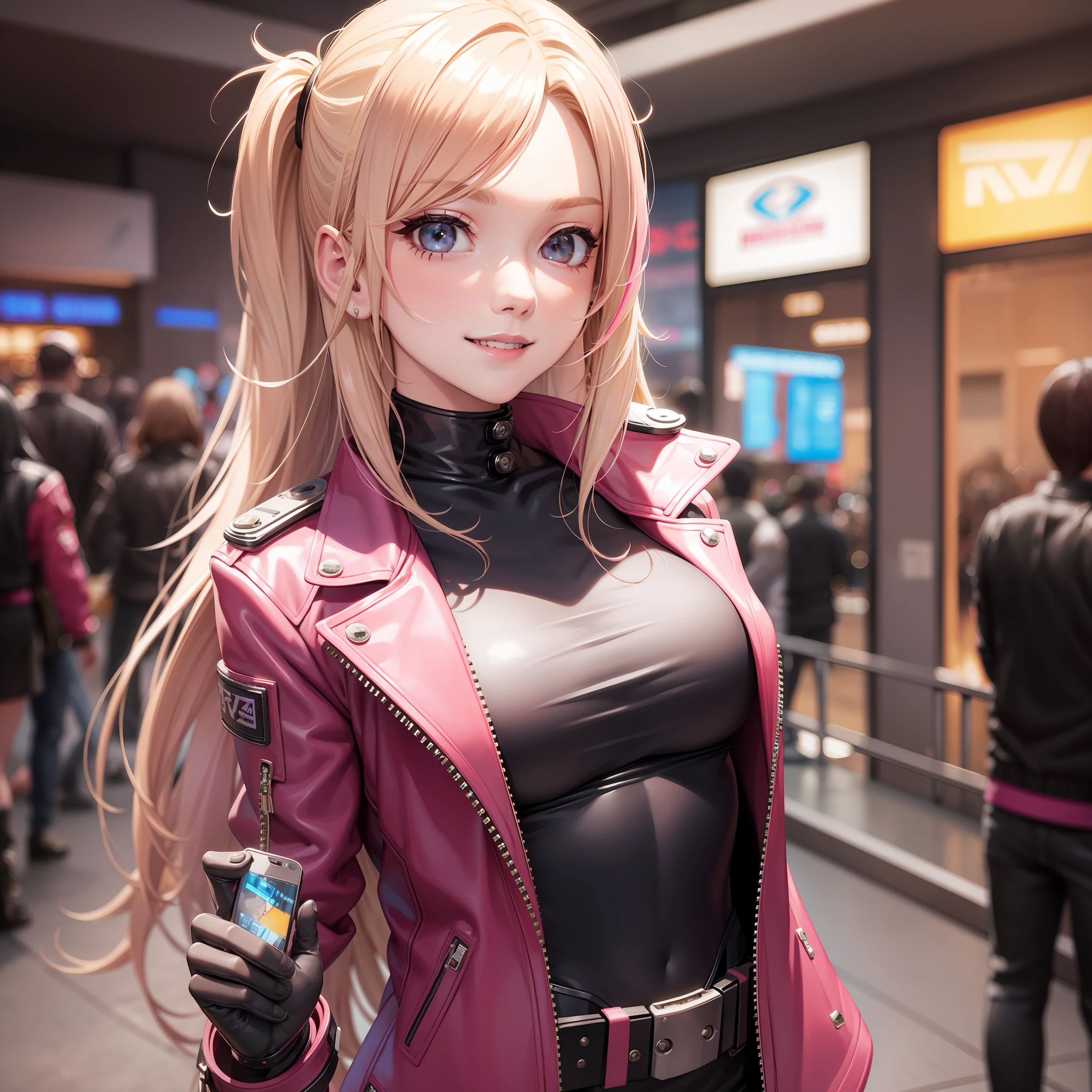 Cyberpunk Girl Long Hair Futuristic World Best Quality Smile Masterpiece Beautiful Girl Leather Jacket Blonde Pink Hair