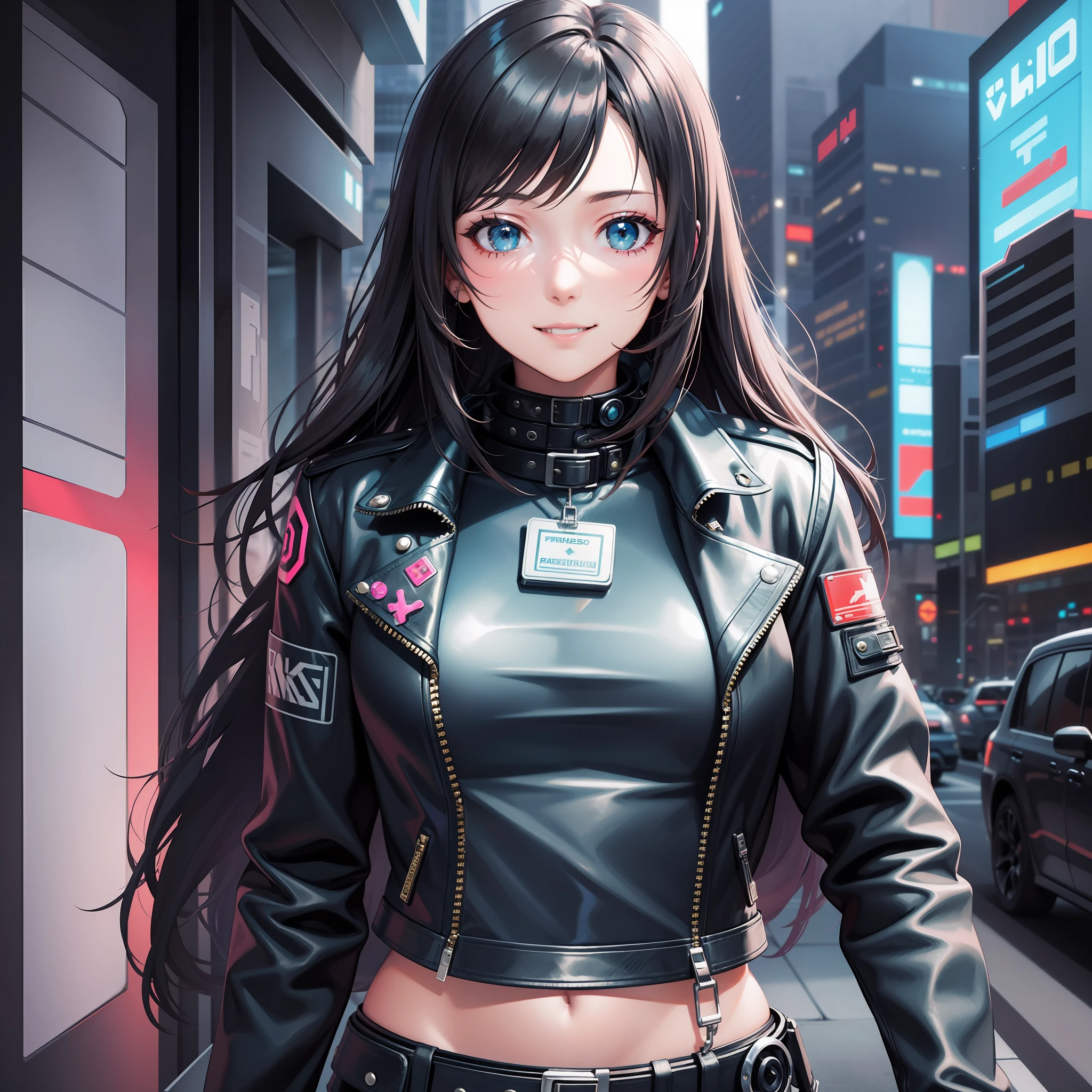 Cyberpunk Girl Long Hair Futuristic World Top Quality Smile Masterpiece Beautiful Girl Leather Jacket
