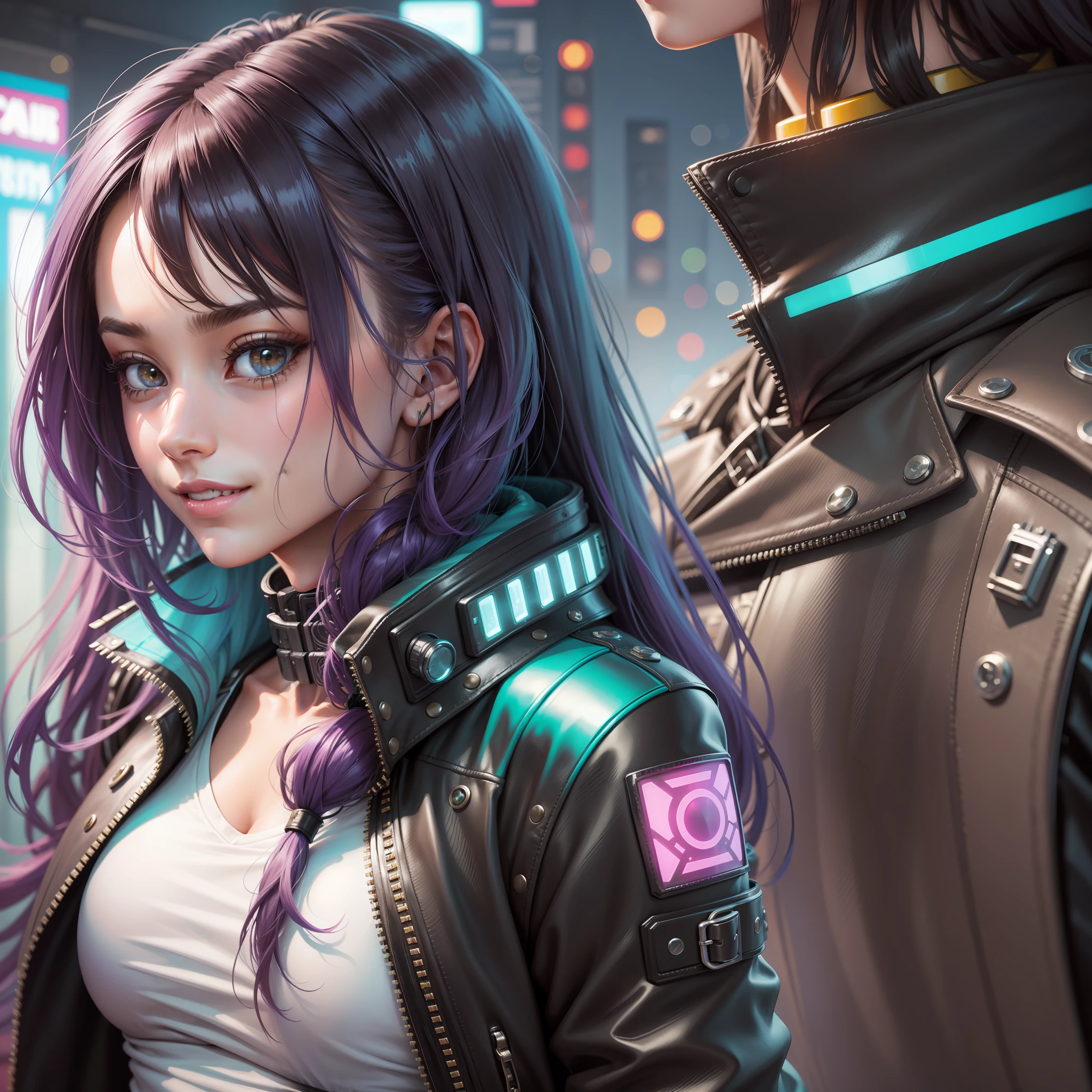 Cyberpunk Girl Long Hair Futuristic World Top Quality Smile Masterpiece Beautiful Girl Leather Jacket