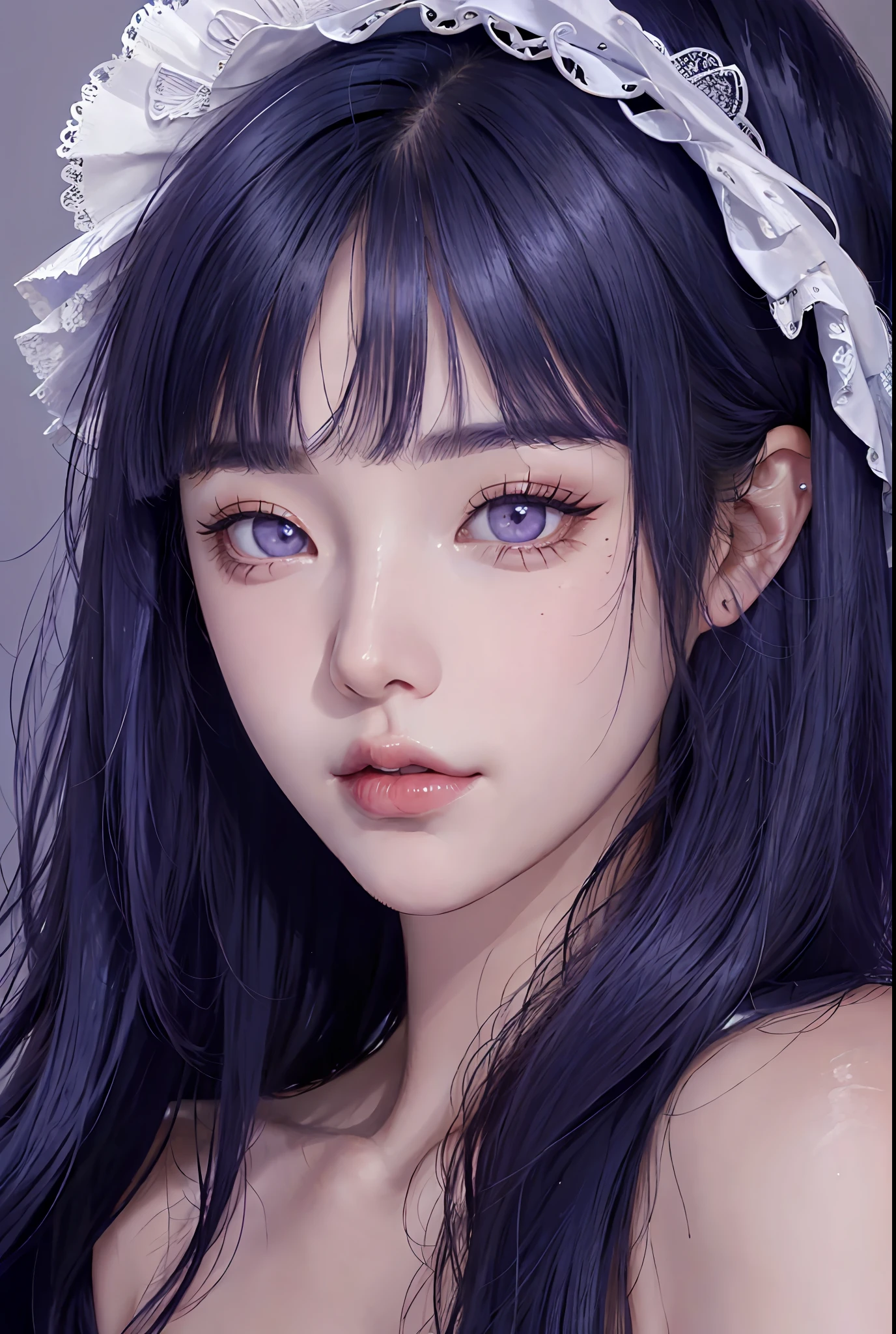 Blunt bangs, dark blue hair, super beautiful face, shining eyes, korean make up, 1 girl, purple eyes, gorgeous hair, close up, portrait, painting, pretty