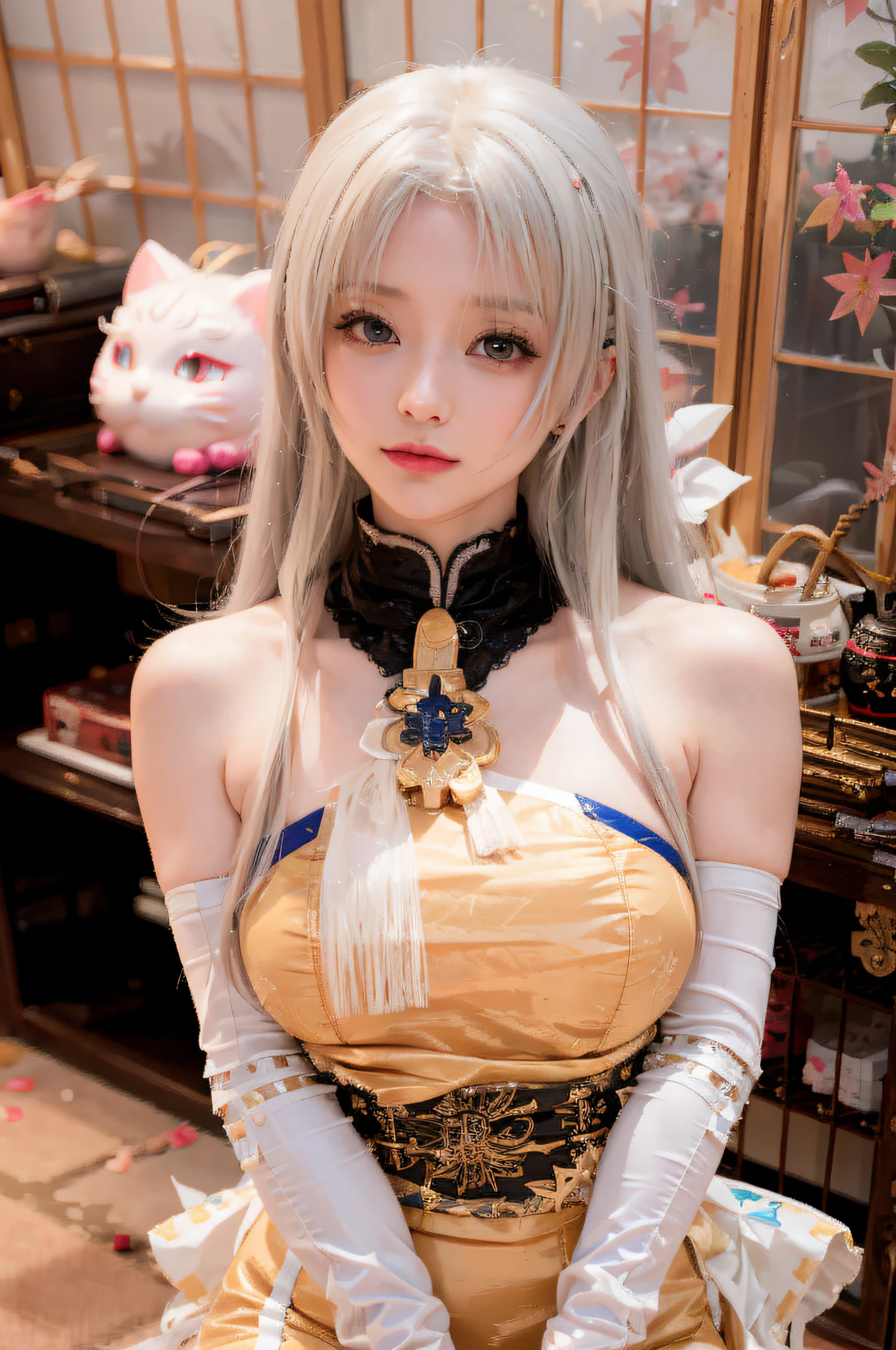 blond haired woman in a corset and white gloves posing for a picture, anime girl cosplay, tifa lockhart with white hair, anime cosplay, cosplay, anime goddess, ornate cosplay, japanese goddess, shikamimi, , cosplay of a catboy! maid! dress, sakimichan, ayaka cosplay, elegant glamourous cosplay, white haired deity