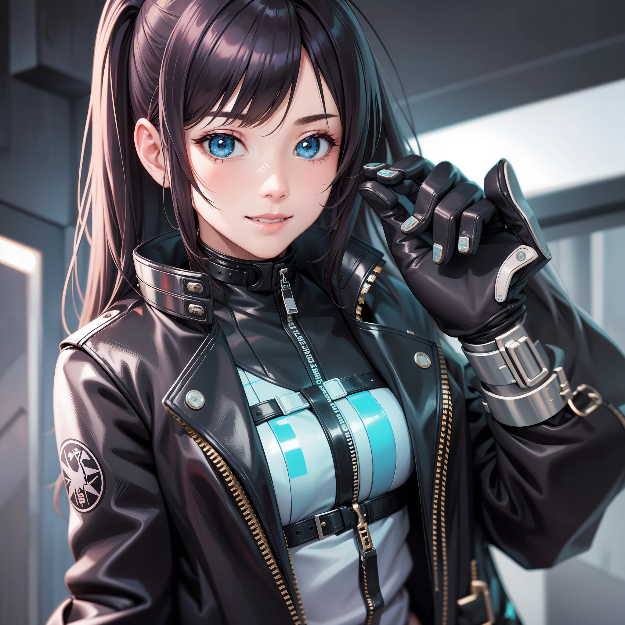 Cyberpunk Girl Long Hair Futuristic World Top Quality Smile Masterpiece Beautiful Girl Leather Jacket