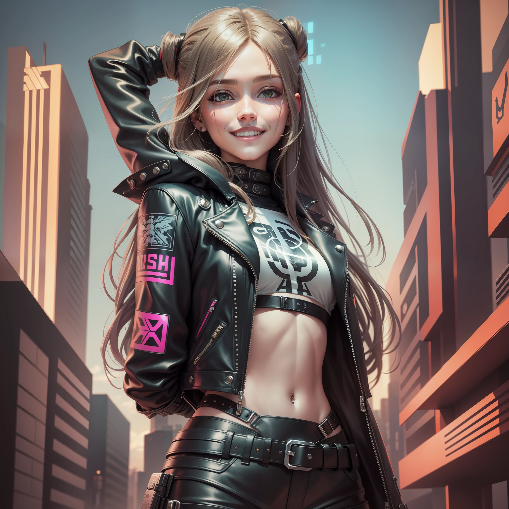 Cyberpunk Girl Long Hair Futuristic World Top Quality Smile Masterpiece Beautiful Girl Leather Jacket