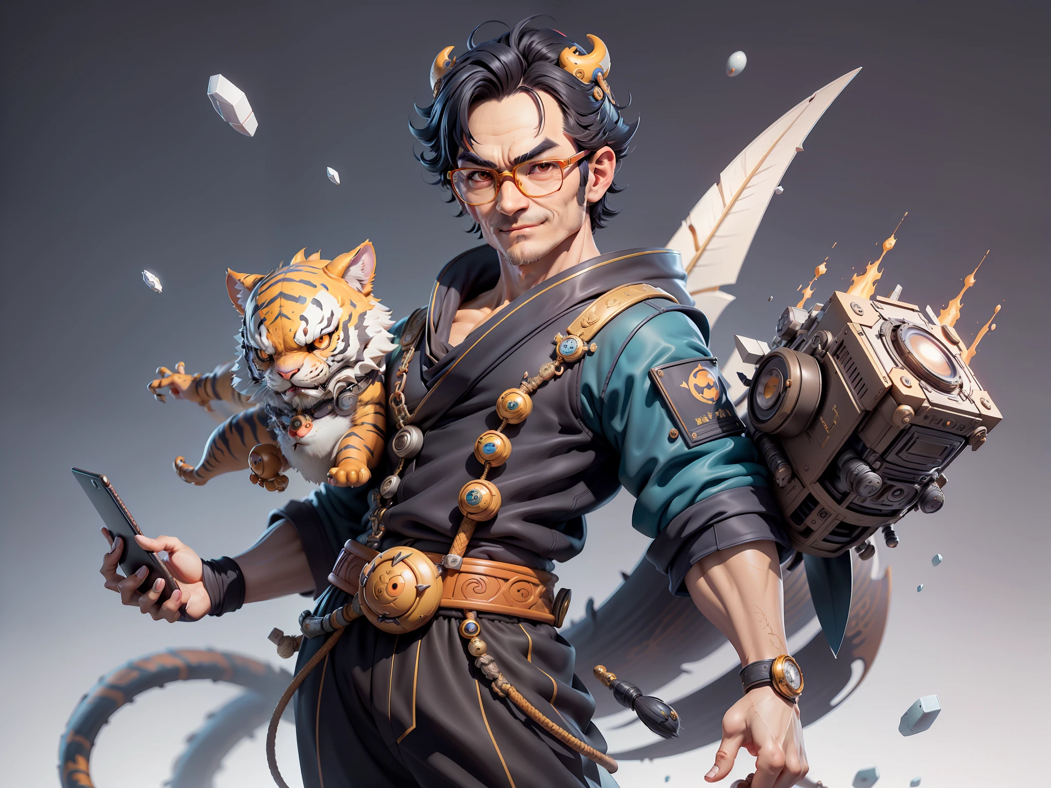 (Masterpiece), (Excellent), (Super Meticulous), (Full Body: 1.2), Super Young Man with Japanese Female Geisha, Pretty, Beautiful, Chinese Dragon, Tiger, Wind God Thor, Sexy, Bursting, Oriental Face, TV Anchor, Bust Portrait Illustration, Black Suit, Blue Tie, Slightly Chubby Face, Silver Glasses, Very Clean Face, No Beard on Chin, Black Super Short Hair, Black Eyes, Confident Smile, 3c Computer Sub-Products, iPad, iPhone, Digital Painting, 3D character design by Mark Clairedon and Pixar and Hayao Miyazaki and Akira Toriyama, the illustrations are HD illustrations in 4K resolution with highly detailed facial features and cartoon-style visuals.