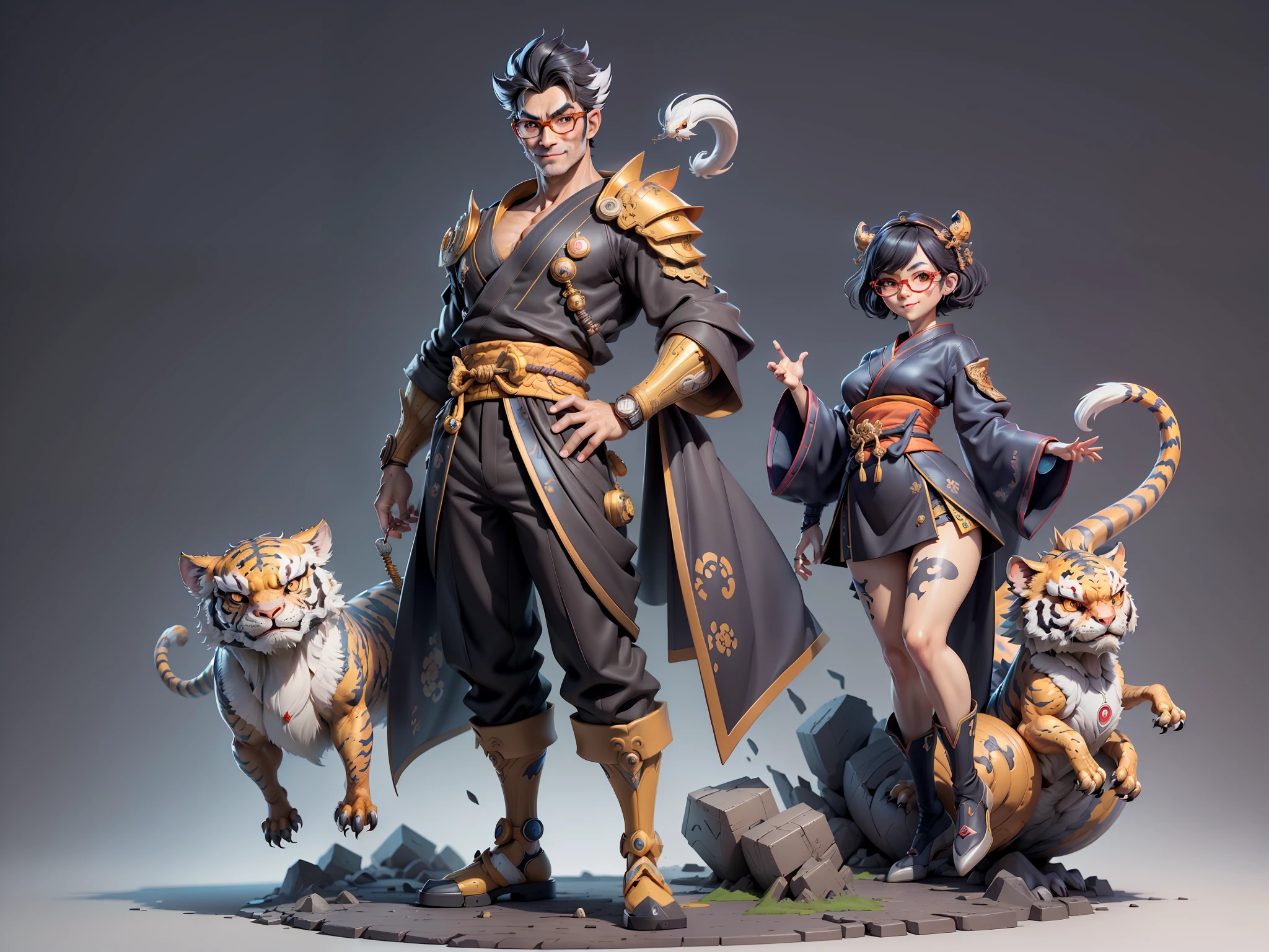 (Masterpiece), (Excellent), (Super Meticulous), (Full Body: 1.2), Super Young Man with Japanese Female Geisha, Pretty, Beautiful, Chinese Dragon, Tiger, Wind God Thor, Sexy, Bursting, Oriental Face, TV Anchor, Bust Portrait Illustration, Black Suit, Blue Tie, Slightly Chubby Face, Silver Glasses, Very Clean Face, No Beard on Chin, Black Super Short Hair, Black Eyes, Confident Smile, 3c Computer Sub-Products, iPad, iPhone, Digital Painting, 3D character design by Mark Clairedon and Pixar and Hayao Miyazaki and Akira Toriyama, the illustrations are HD illustrations in 4K resolution with highly detailed facial features and cartoon-style visuals.