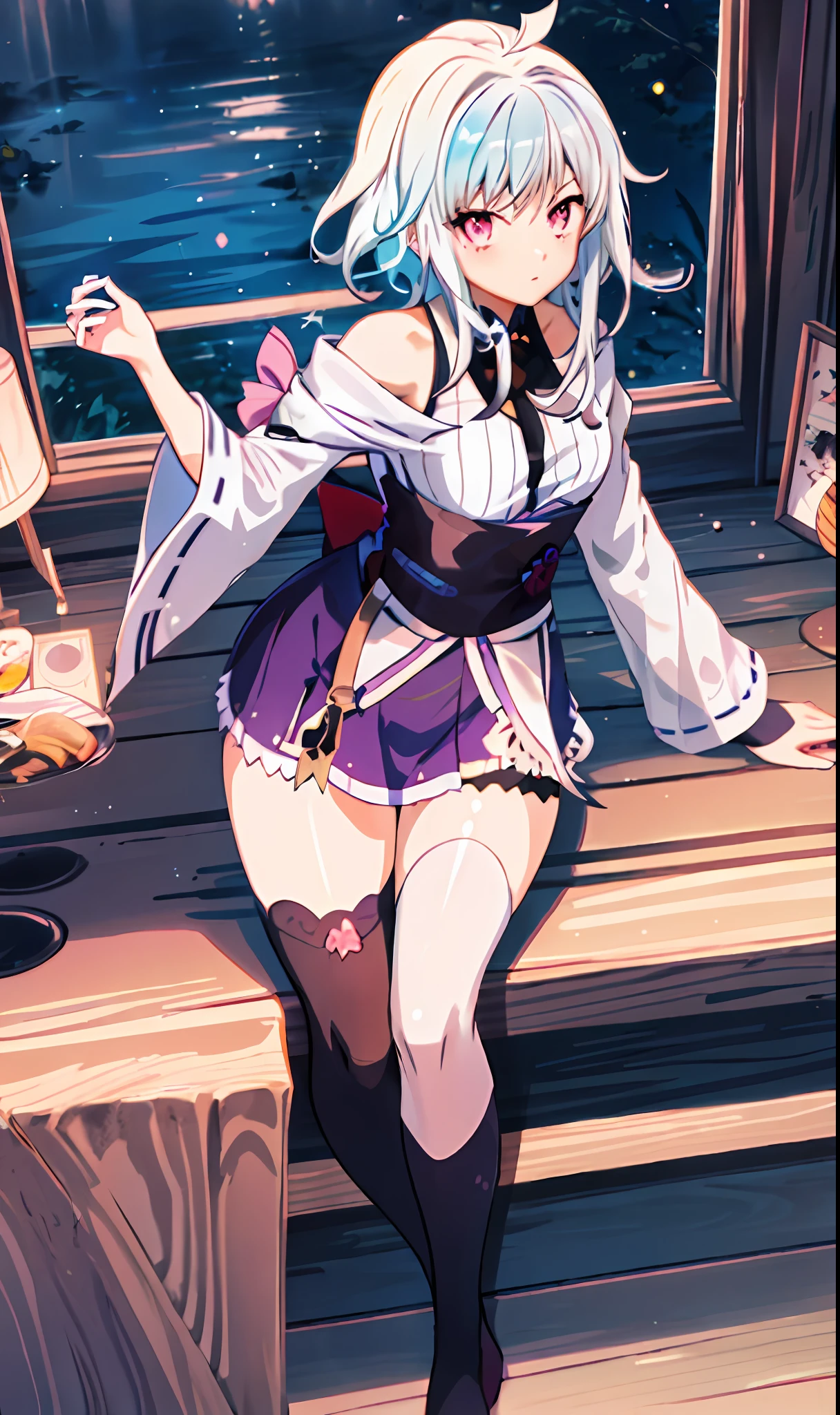 ((Masterpiece, Best Quality)), (1 Girl), ((Girl)), Light Blue Hair, Thighs and Thighs, Leg Loops, Thighs, Long Sleeves, Gloves, Bangs, Gradient Pink Eyes, Medium Hair, Off-the-Shoulder Top, Blue Pleated Skirt, Bare Feet, Hair Accessories, Shoulder Cutouts, Black Thighs and Thighs, Blue Tie, (Room: 1.2), (Plump), Armpits, Curves, , Confidence, [Wide Buttocks], Snow, Nature, Eula\ (Genshin Shock), POV,