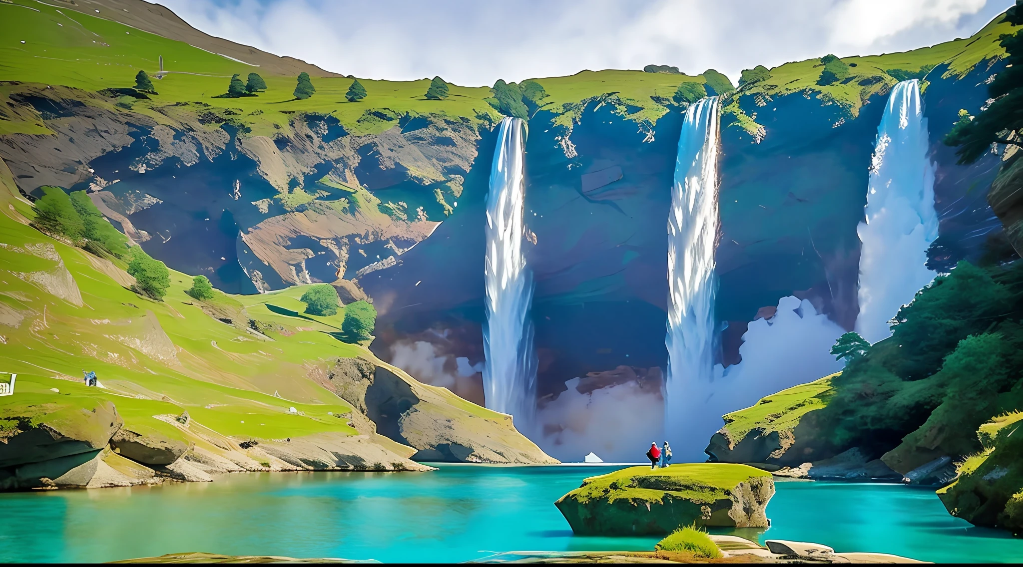 There is a surreal passage of a lake with crystal clear water, a huge waterfall reflects the full moon above, Lewis is on the surface of the water with a rocky coast, a world where a girl looks up, a magnificent fantastic world, you can see the ass,