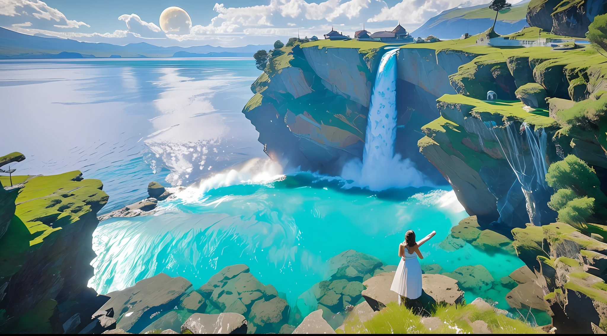 There is a surreal passage of a lake with crystal clear water, a huge waterfall reflects the full moon above, Lewis is on the surface of the water with a rocky coast, a world where a girl looks up, a magnificent fantastic world, you can see the ass,