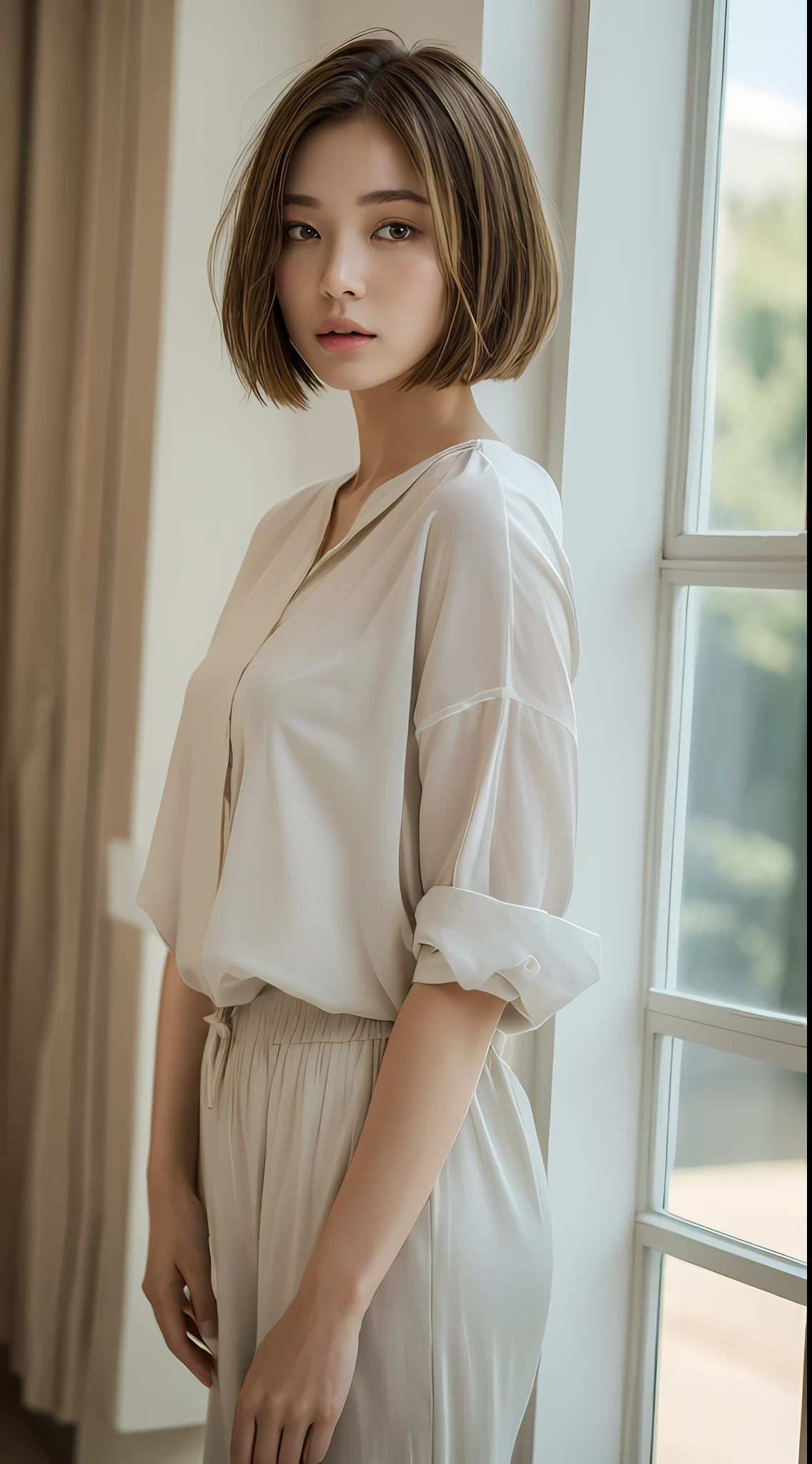 ((Best Quality, 8k, Masterpiece: 1.3)), 1 Woman, Slender Highlighted Beautiful Girl: 1.3, (Short Hairstyle, Big: 1.2), Plain Clothes: 1.2, Indoors, Ultra Detailed Face, Detailed Eyes, Double Eyelids, Naked