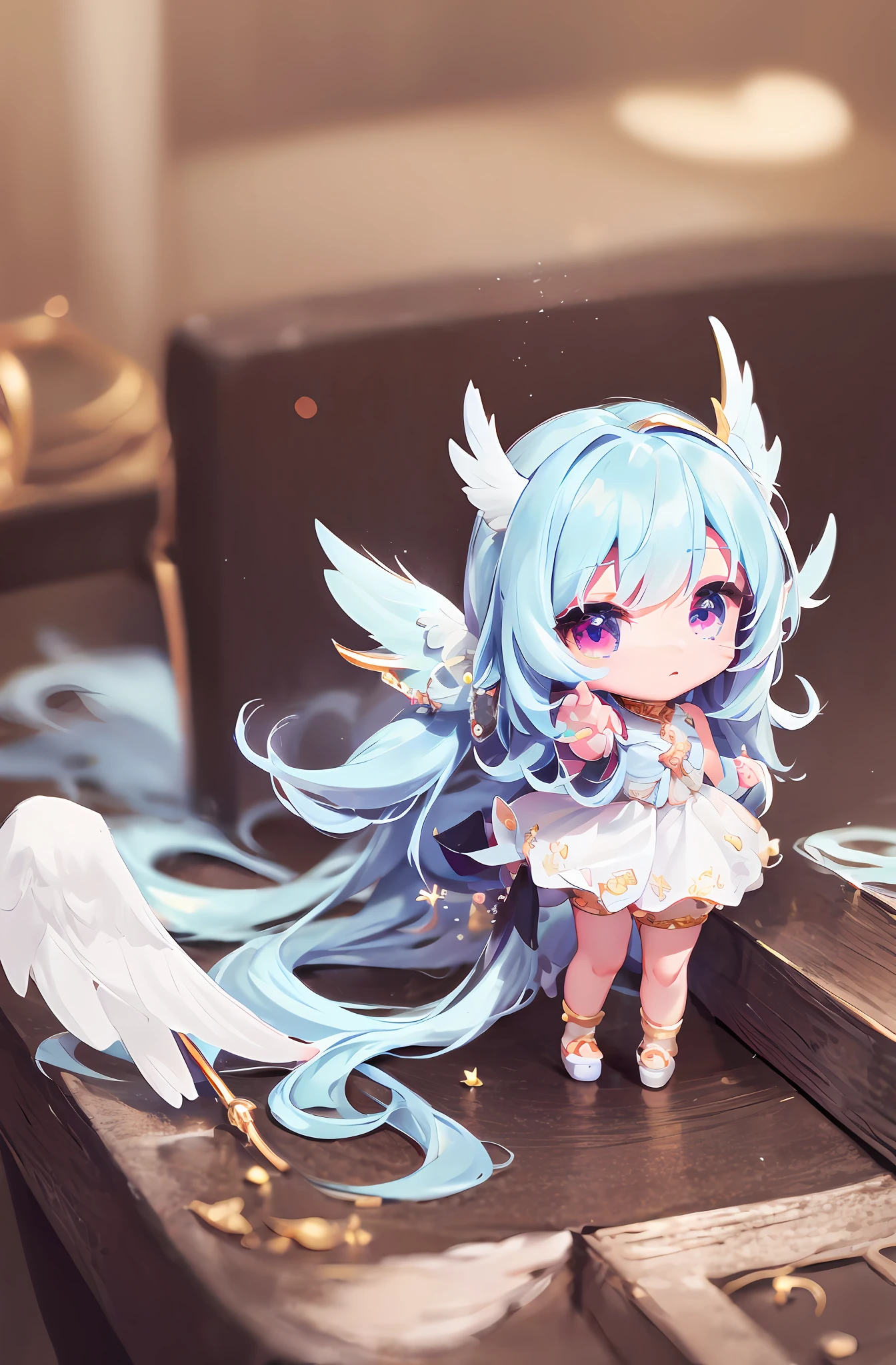 1 Anime Angel Doll, (Chibi: 1.3), 8K high quality detail art, white feathers on back, white long hair, gradient, style as Nendoroid, stylized anime, anime style 4K, cute detailed digital art, Guweiz style artwork, 8K octar rendering photos, advanced digital chibi art, cute 3D rendering, anime style.