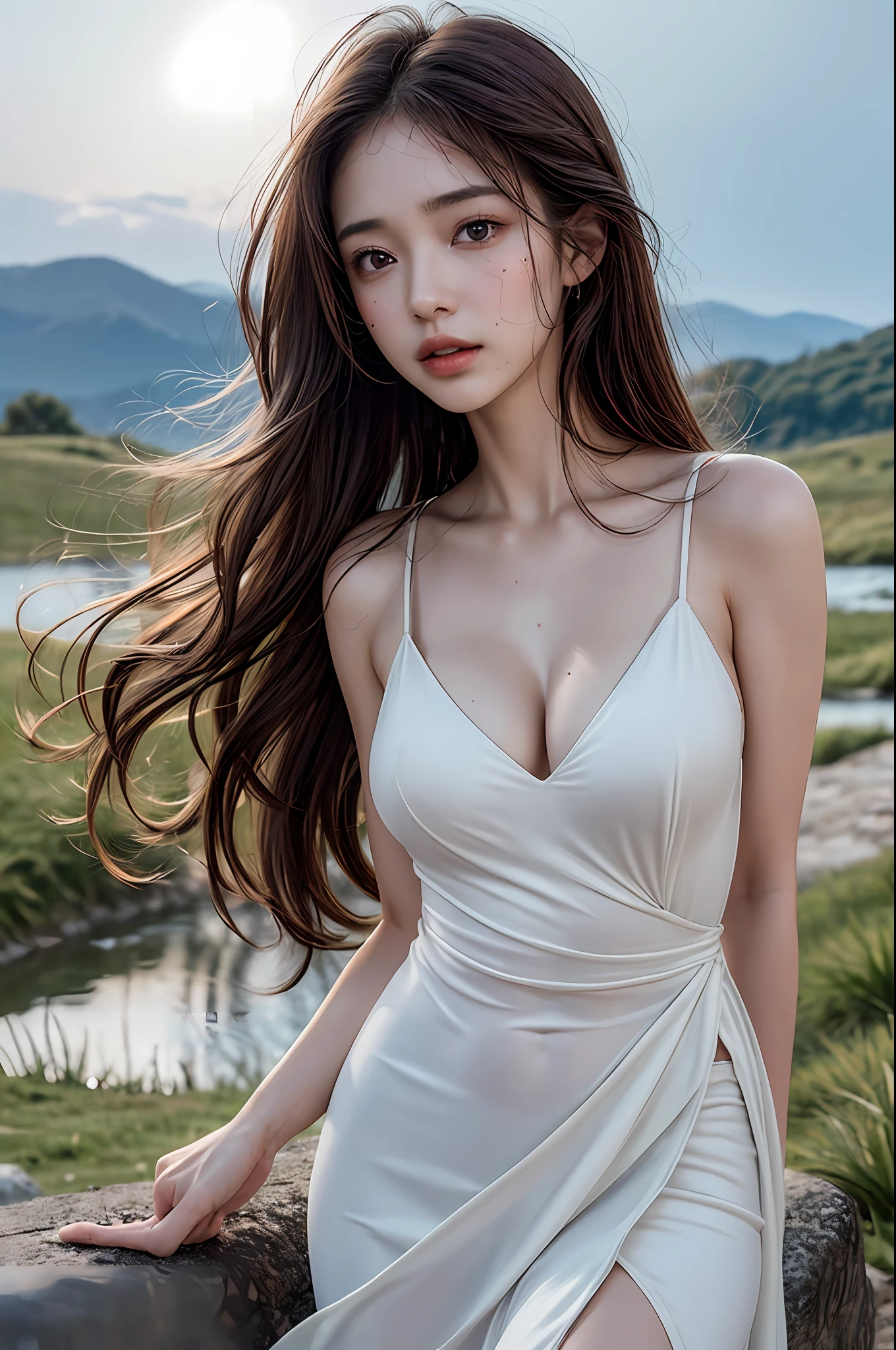(( Realistic light, Best quality, 8k, Masterpiece :1.3)), 1girl, small mole under eyes, small moles on the breast, Pretty woman with slender figure :1.4, abs :1.1, (floatingwavy silk-brown hair, floating hair by wind, big_breasts :1.2), (deep_cleavage), white dress :1.2,  wet dress by wind, (sweaty skin on breast:1), standing, night in the mountain, campfire light, Ultra-detailed face, Detailed eyes, Double eyelid, shiny skin, full_body shot