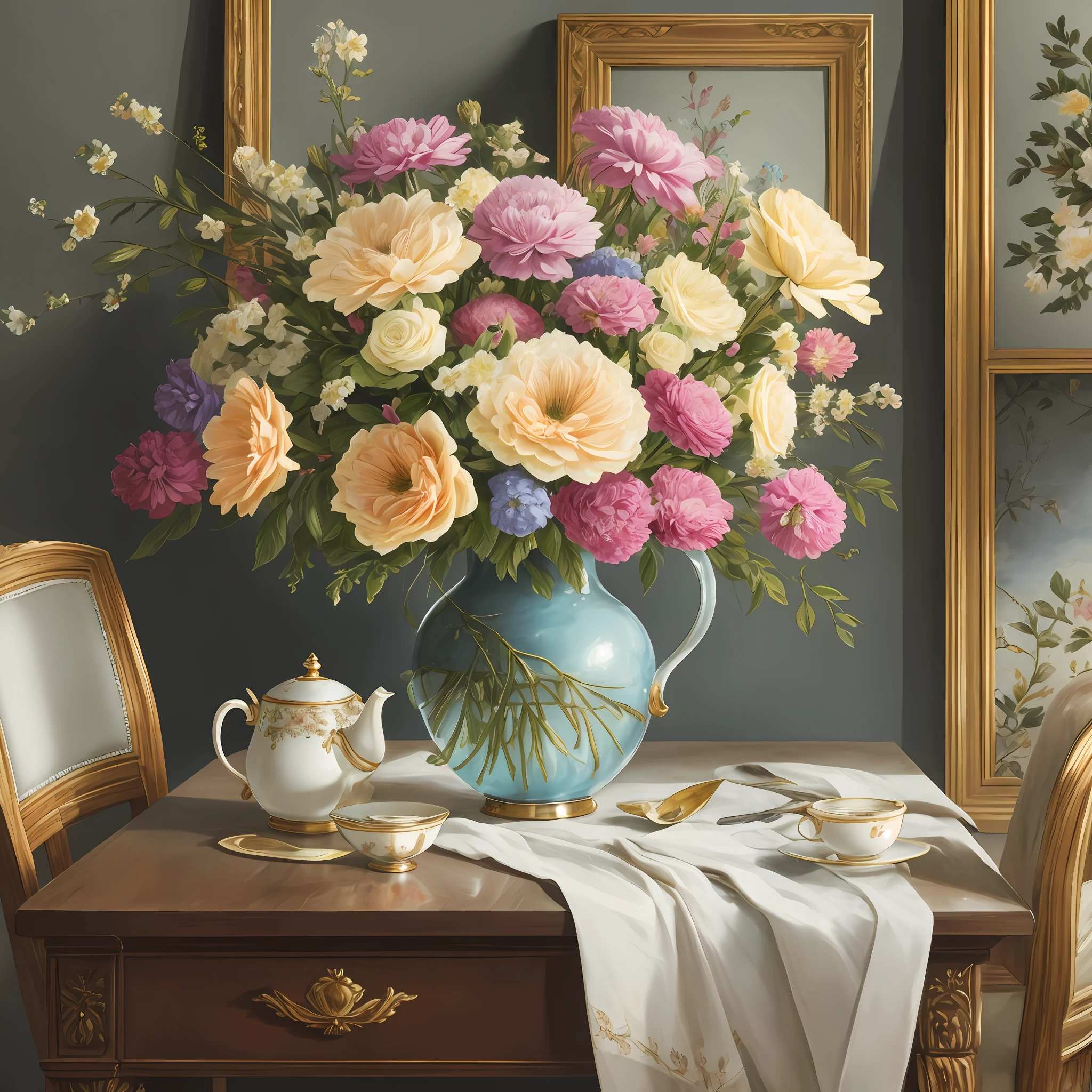 An ultra-realistic still-life painting of a bouquet of flowers in a vase, with individual petals and leaves visible in exquisite detail, a picture on the wall, a tea garnish on the table --auto --s2