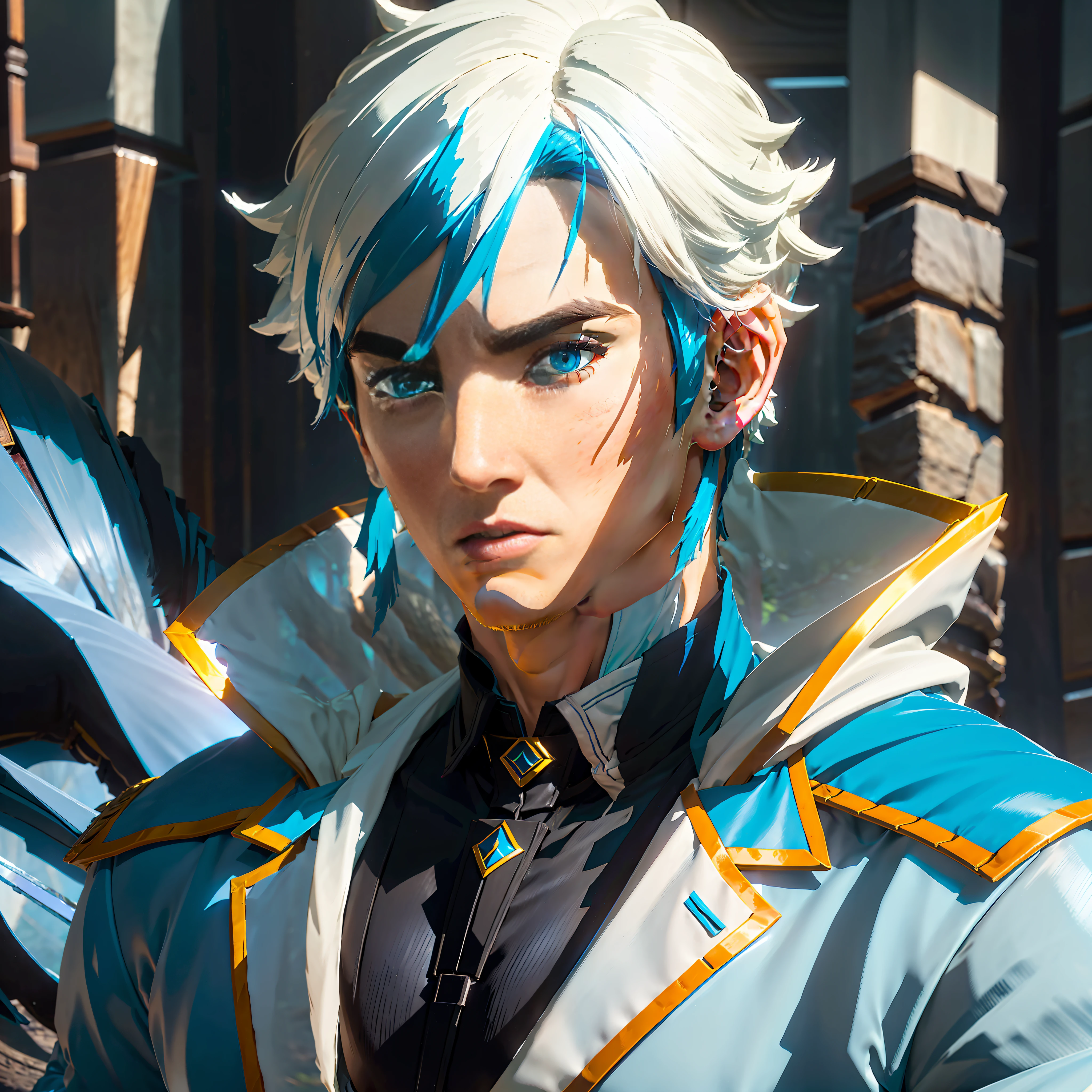 Black-haired cold white-skinned male high school student, the character faces forward, the background is a blue woods, the light and shadow illuminate the face of the character, the character temperament is soft and handsome, wearing clothes mainly blue, and the faint background light and shadow highlight the slightly bright character all body.