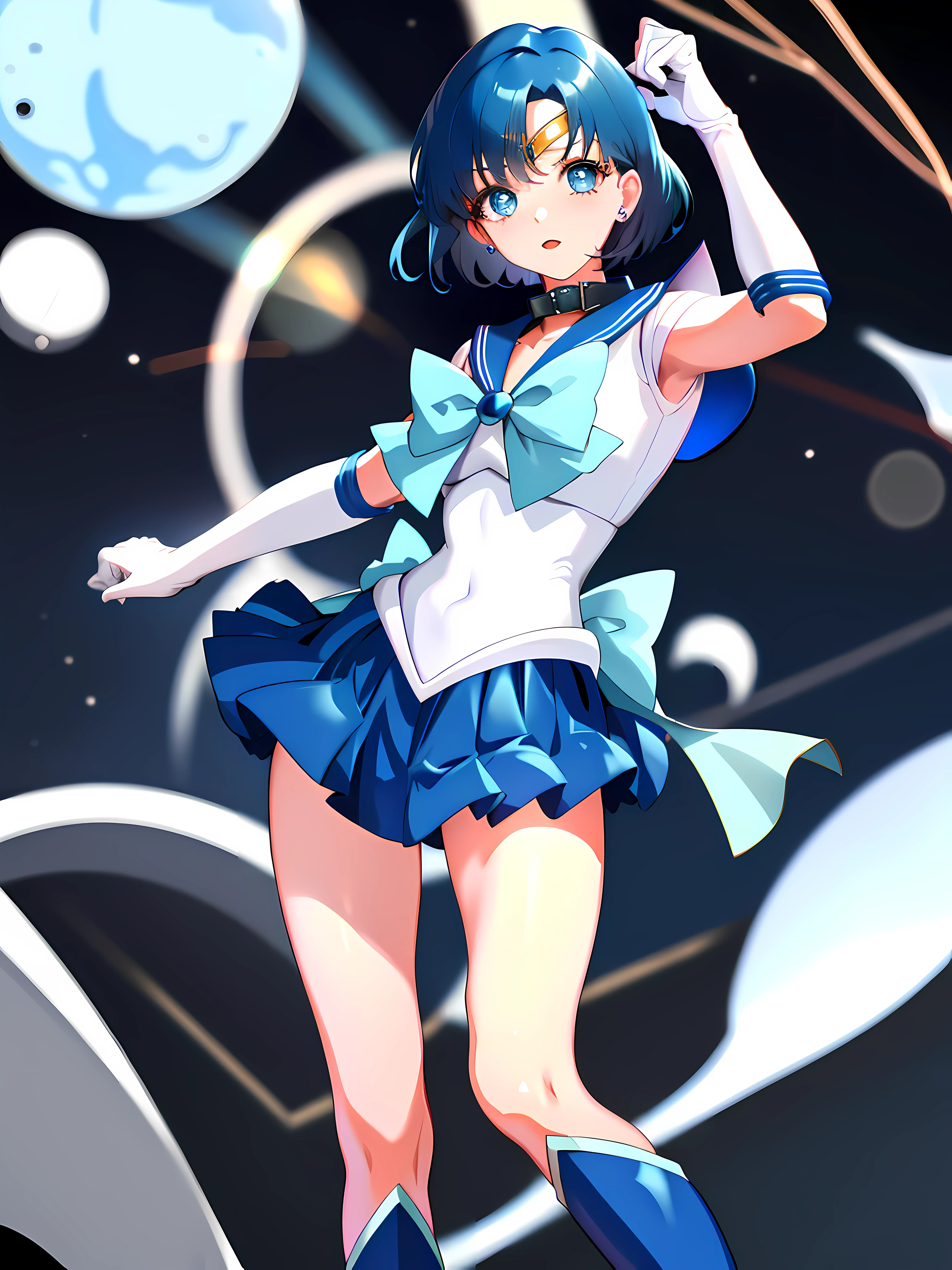 Masterpiece, best quality, high resolution, mer1, tiara, sailor uniform, blue sailor collar, bow, knee-length boots, collar, white gloves, blue collar, elbow gloves, jewelry, earrings, blue skirt, denim lens,