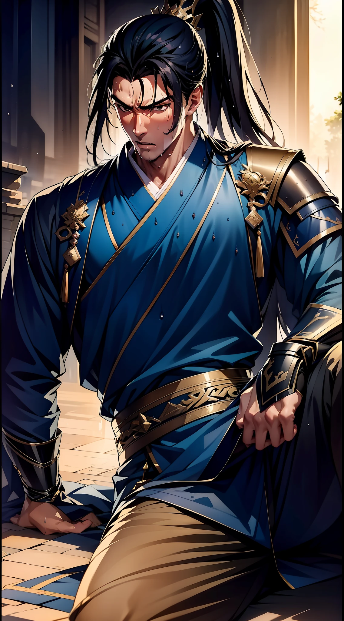 Two-dimensional, anime style, man (male warrior), muscle, correct proportions, face details, martial arts, high ponytail hairstyle, sweating, sweaty face, drooling, neck details, with Adam's apple, wet, wet, Hanfu costume, long robe, embroidered robe, dragon robe, clothing details, collar, long sleeves, game quality, swordsman demeanor, light and shadow tracing, ray tracing, detail glow, CG rendering, hair details, long black hair, golden eyes, sweaty face, handsome, handsome, sweat beads slipping down the neck, (juvenile feeling), complex clothing, wet, wet, perfect composition, refinement, high quality, more details, a lot of details, complex background, atmosphere,