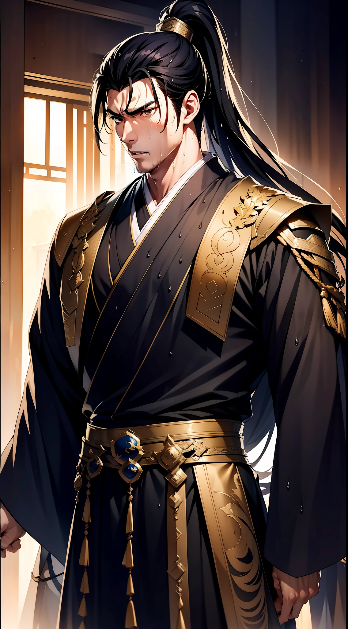 Two-dimensional, anime style, man (male warrior), muscle, correct proportions, face details, martial arts, high ponytail hairstyle, sweating, sweaty face, drooling, neck details, with Adam's apple, wet, wet, Hanfu costume, long robe, embroidered robe, dragon robe, clothing details, collar, long sleeves, game quality, swordsman demeanor, light and shadow tracing, ray tracing, detail glow, CG rendering, hair details, long black hair, golden eyes, sweaty face, handsome, handsome, sweat beads slipping down the neck, (juvenile feeling), complex clothing, wet, wet, perfect composition, refinement, high quality, more details, a lot of details, complex background, atmosphere,