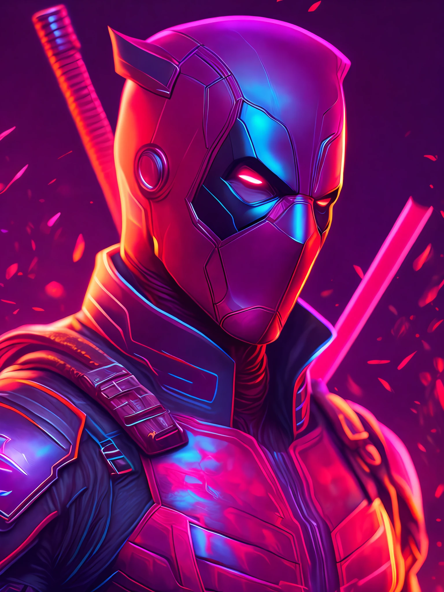 neon portrait of Deadpool from Marvel, photorealistic painting, intricate, 8K, very detailed, three-dimensional lighting, digital painting, sharp and intense focus, works by Artgerm E. Rutkowski and Alphonse Mucha, CGsociety