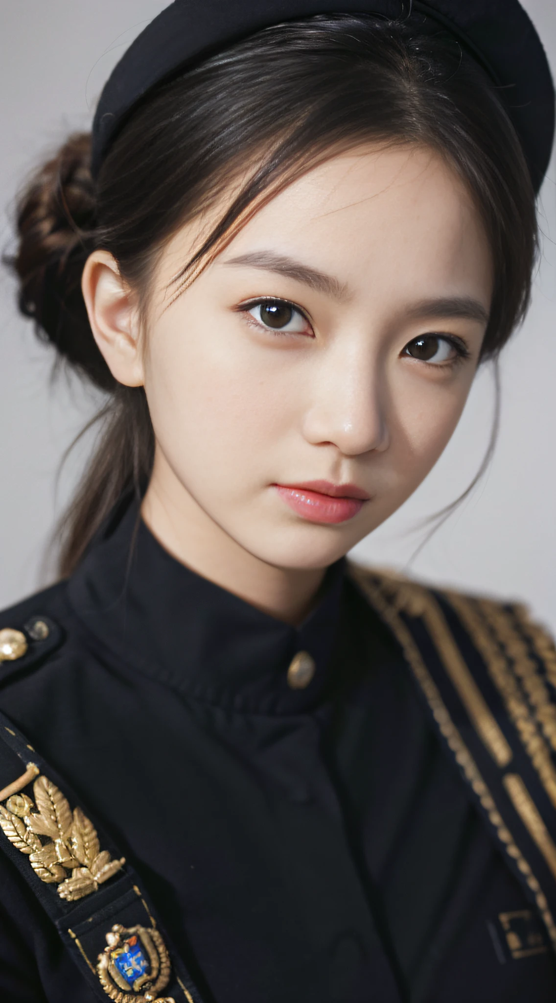 Best quality, masterpiece, super high resolution, (realistic: 1.4), original photo, photo, bust, skin, simple background, black eyes, details, 1 girl, army uniform, looking at the viewer,