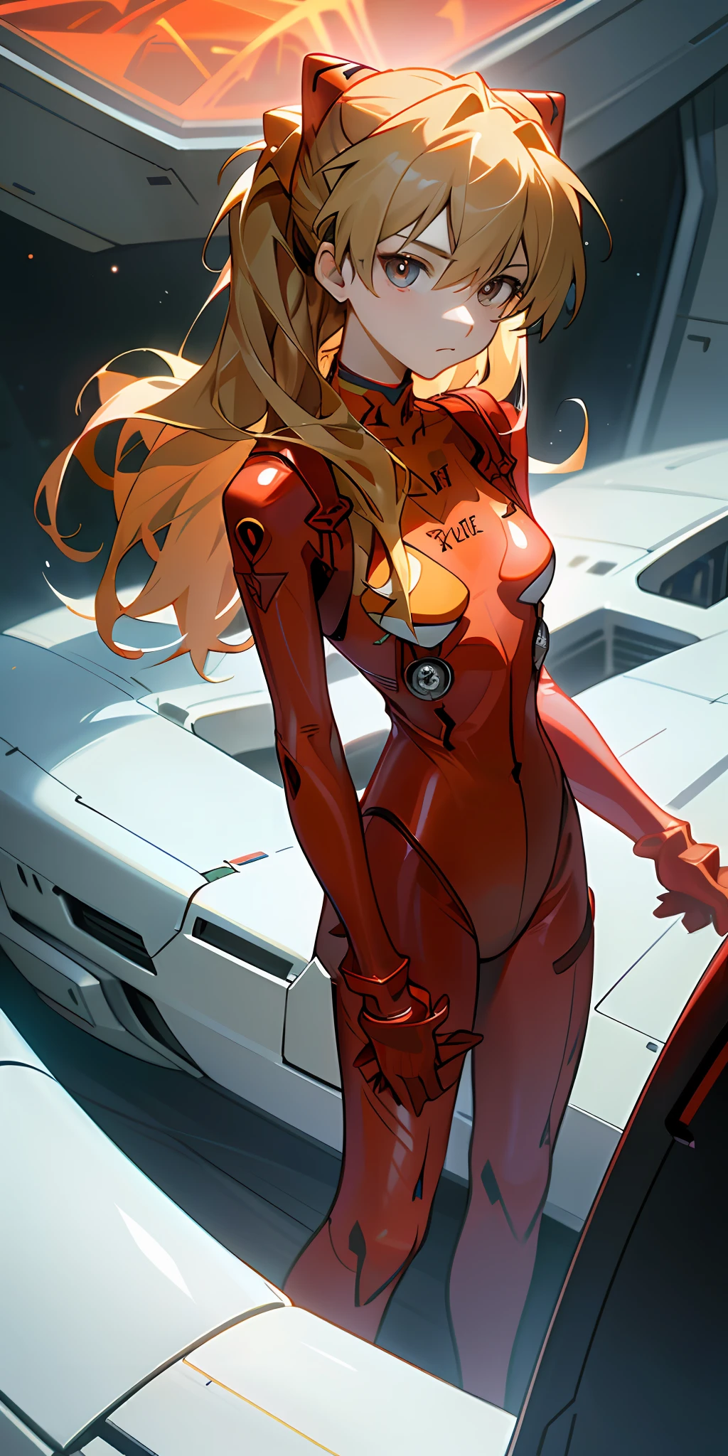 (Overhead view),dynamic angle,ultra-detailed, illustration, close-up, straight on, 1girl, 
 ((souryuu asuka langley, interface headset, red bodysuit:1.4, blonde)),Her eyes shone like dreamy stars,(glowing eyes:1.233),(beautiful and detailed eyes:1.1),(expressionless,closed mouth),(standing), 
(mechanic room with toolsand spaceship windowin a white SPACESHIP),
(night:1.2),dreamy, [[delicate fingers and hands:0.55]::0.85],(detail fingers),