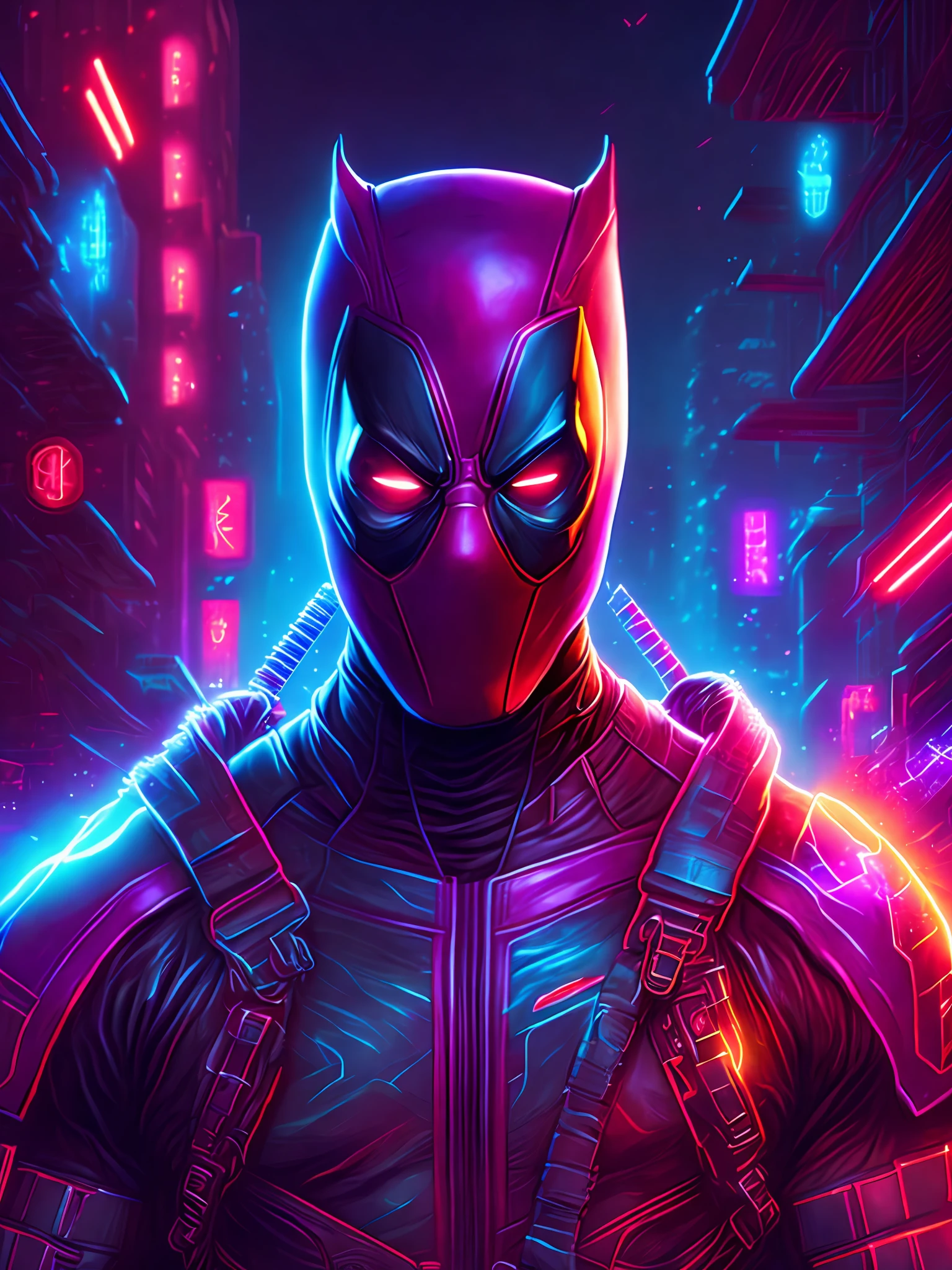 neon portrait of Deadpool from Marvel, extremely detailed, futuristic cityscape, nighttime, glowing neon lights, energy effects, volumetric light